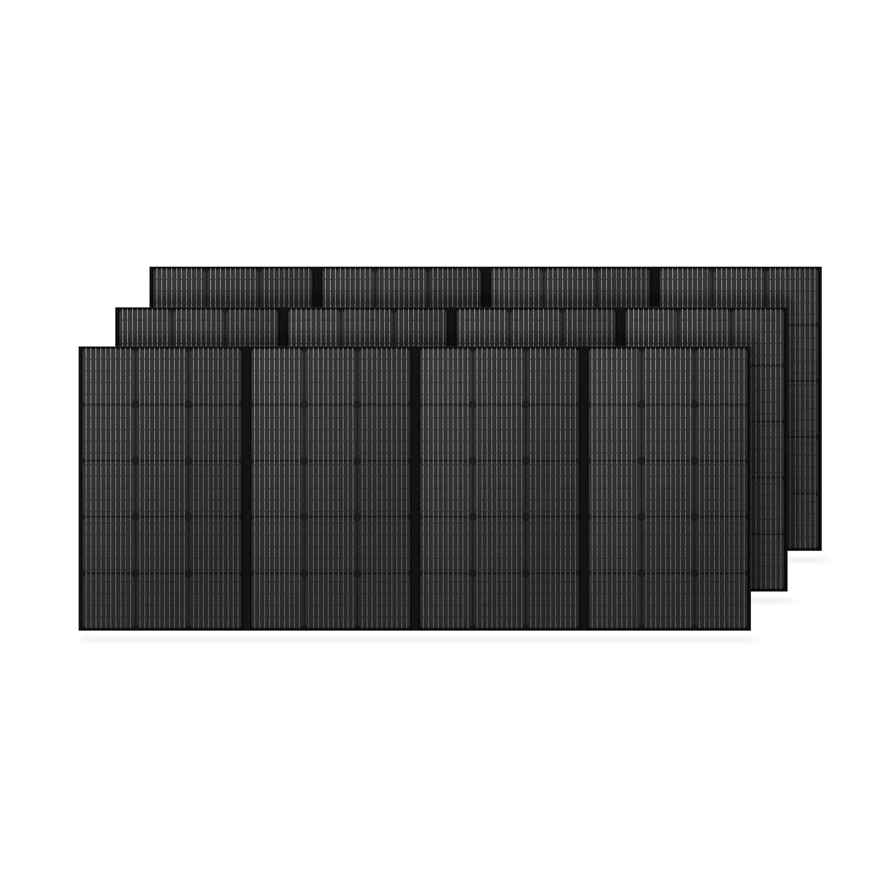 Rows of durable black bluetti solar panels are arranged in parallel, featuring a grid-like pattern of rectangular solar cells with high conversion rates, emphasizing renewable energy technology.