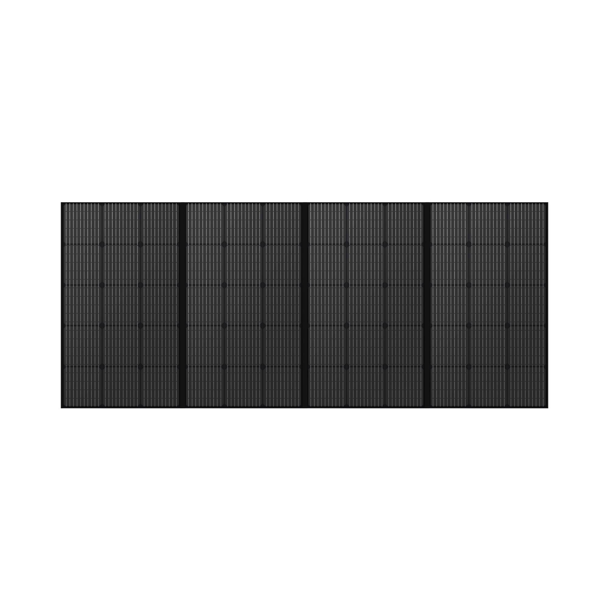 The Bluetti portable solar panel showcases a sleek grid of black photovoltaic cells, divided into six vertical sections with smaller squares. Known for its high conversion rate, the design stands out against a white background, accentuating its sophisticated style.