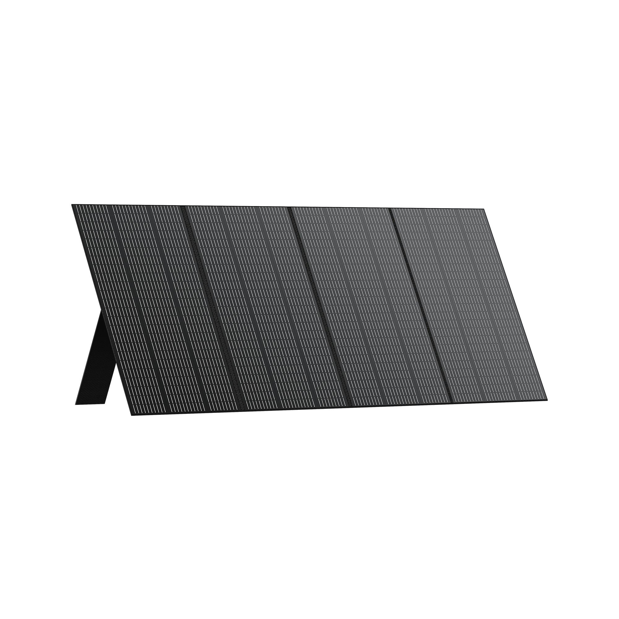 A durable bluetti black rectangular solar panel with a subtle grid pattern is propped on a support against a white background. This portable panel offers high conversion rates, ensuring efficient renewable energy harnessing.