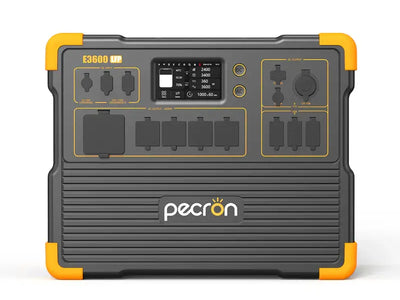The Pecron E3600 LFP portable power station features yellow corners and a digital display on top, as well as multiple socket outlets, USB ports, and various input/output options. It is equipped with a durable LiFePo4 battery and provides 3600W AC power. The brand name "Pecron" is displayed prominently on the front.