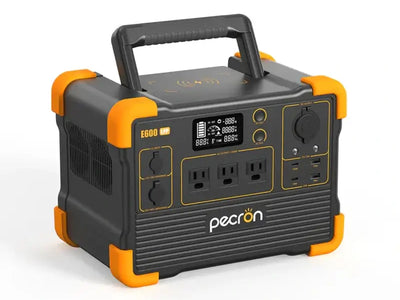 The Pecron E600LFP portable power station features a sleek design with a sturdy black body and vibrant orange corners. It is equipped with a LiFePO4 battery for reliable performance and includes multiple outlets, fast charging capabilities, a digital display, and a convenient top handle. The "Pecron" brand name is prominently displayed.