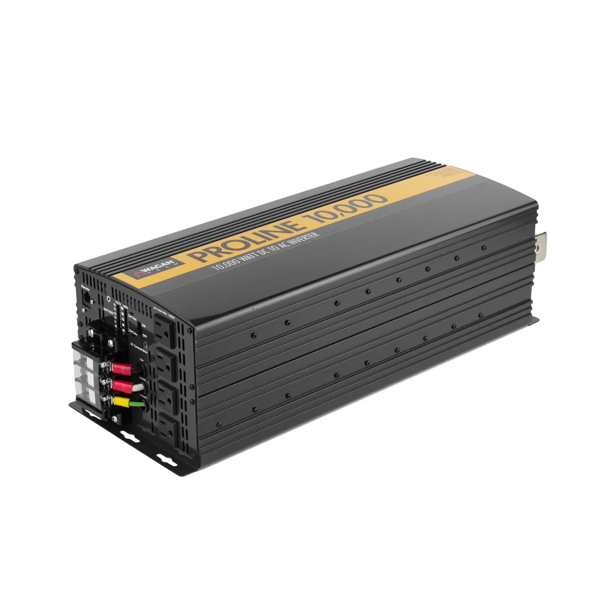 A Wagan Tech ProLine Power Inverter in black and yellow, labeled "Proline 10000," is displayed on a white background with visible connection terminals and fuses on one end.