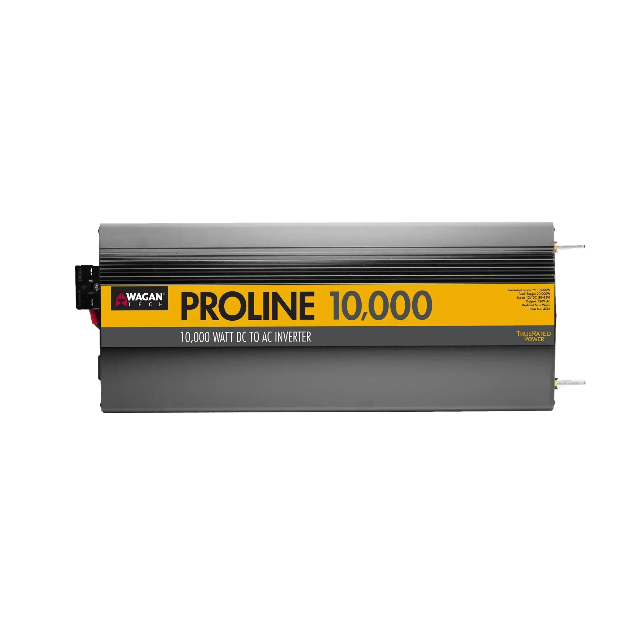 A Wagan Tech ProLine Power Inverter, 10,000 Watt, features a yellow and black label on its gray rectangular body, seen from above against a white background.