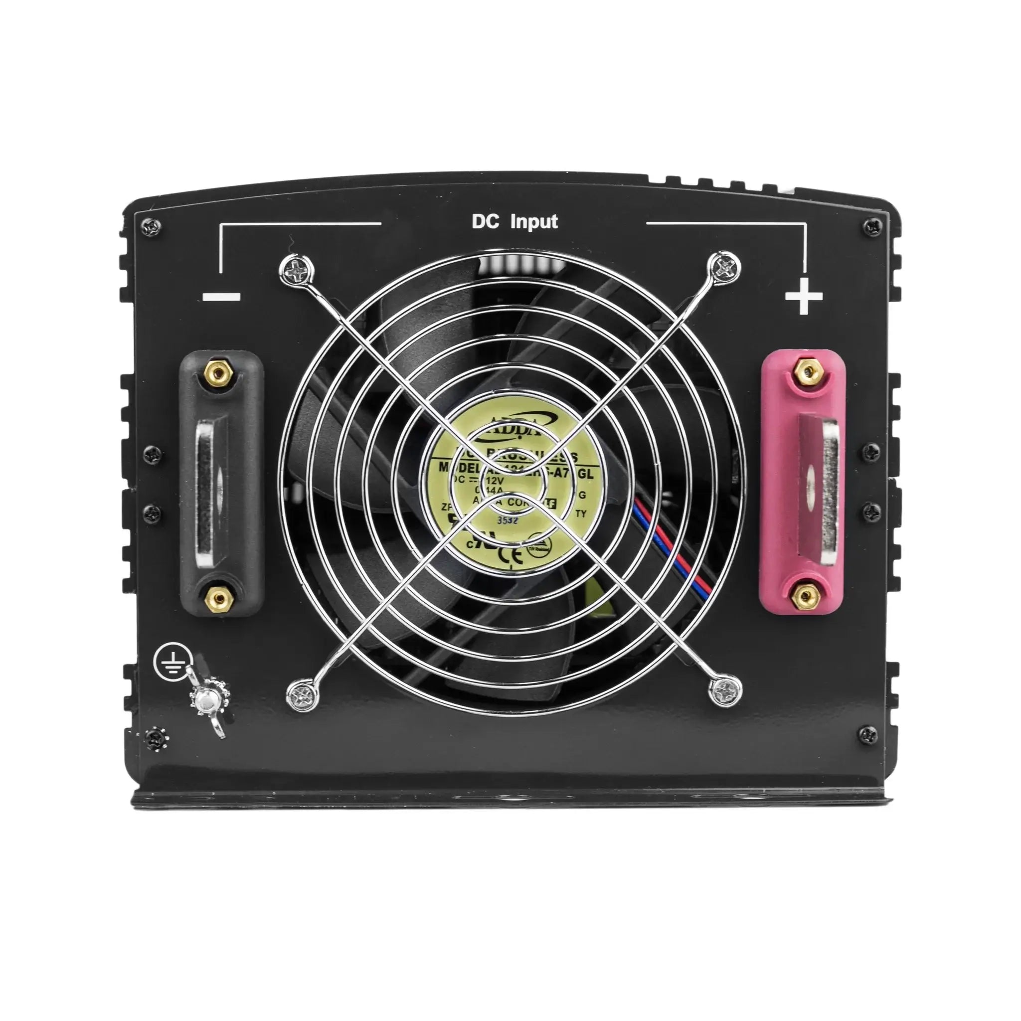 Front view of a black Wagan Tech ProLine Power Inverter, featuring a metal fan guard, a DC input label at the top, and two input terminals—black (minus) and red (plus).