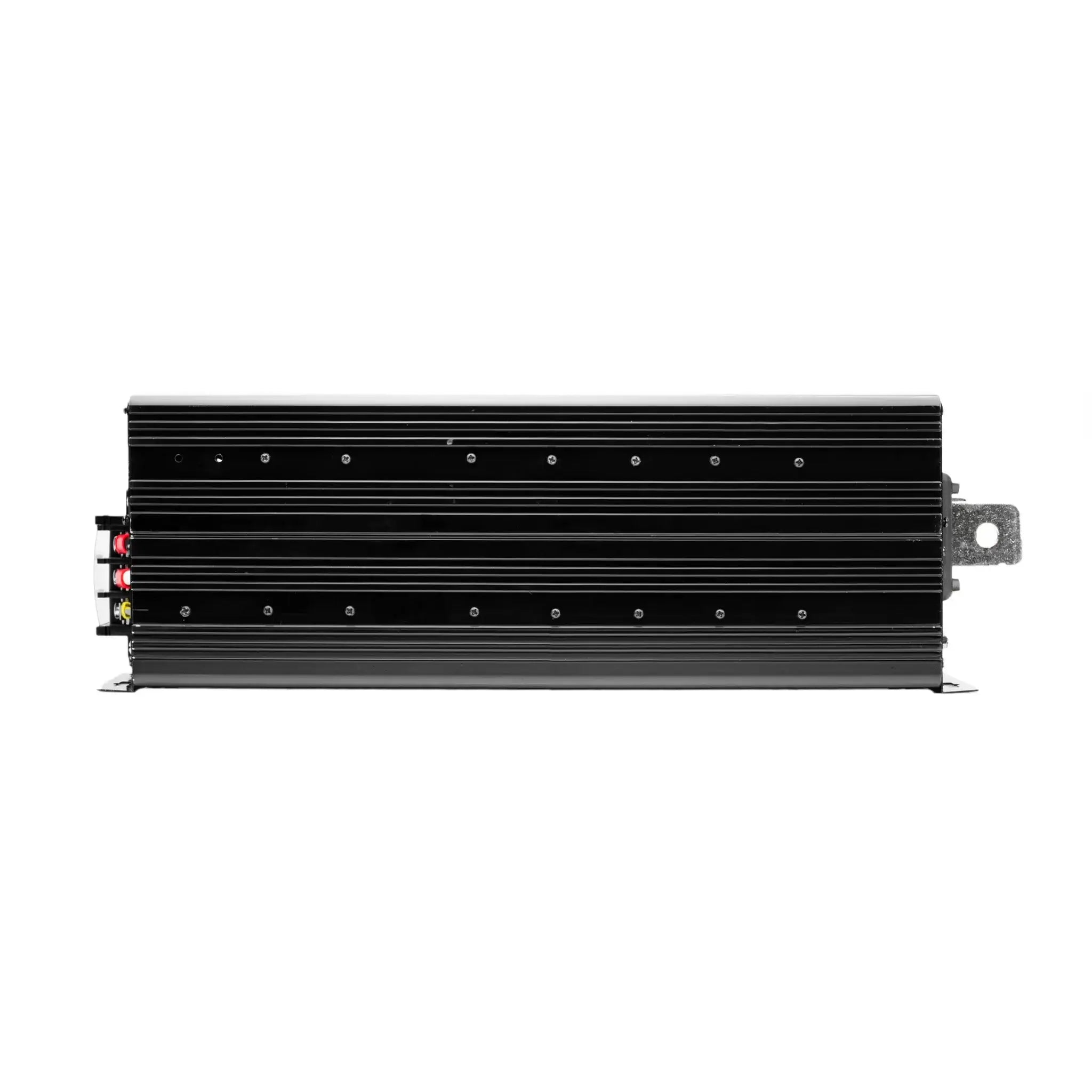 A black rectangular Wagan Tech MSW Power Inverter with side connectors and a metal mounting bracket is shown on a white background. Its ribbed surface and multiple screw holes emphasize the robust 10,000 Watt design.