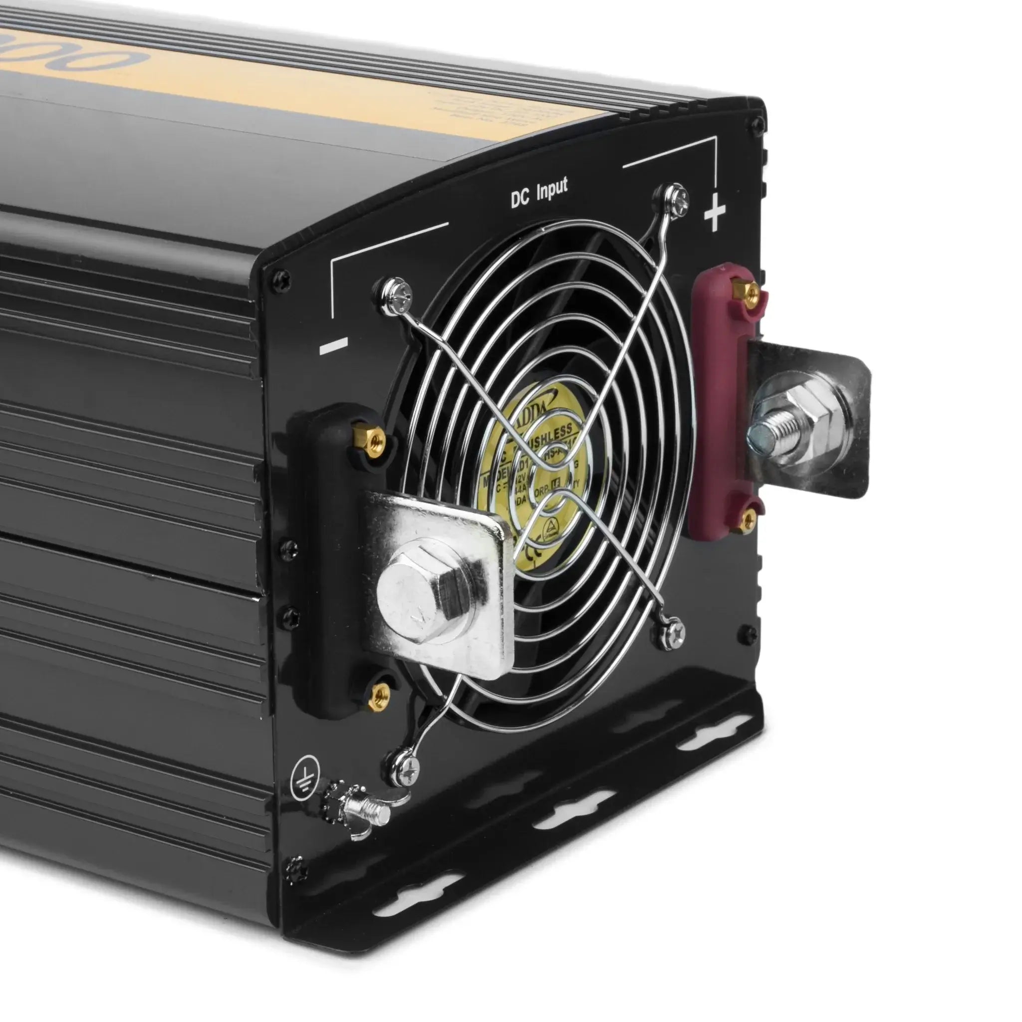 A close-up of the Wagan Tech ProLine Power Inverter’s rear reveals a cooling fan, clearly labeled positive and negative DC input terminals, and sturdy metallic mounting brackets at the base.