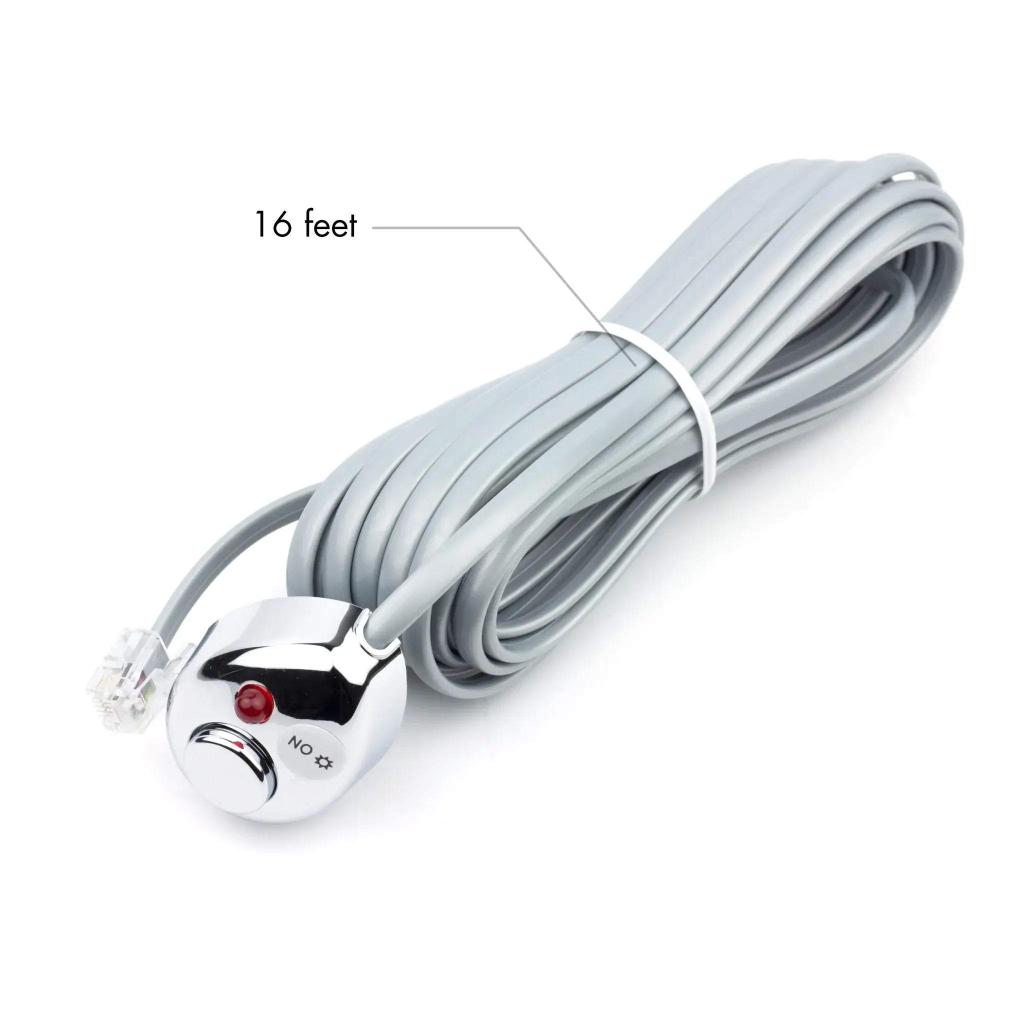A 16-foot coiled gray cable by Wagan Tech for the ProLine Power Inverter, featuring an RJ11 connector on one end and a chrome round control switch with red indicator light and “NO” label on the other.