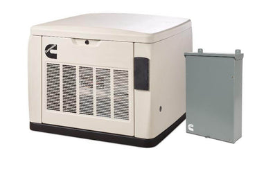A Cummins backup generator in beige, featuring a vented front panel, is positioned next to a gray electrical box and an Automatic Transfer Switch, all against a simple white backdrop.