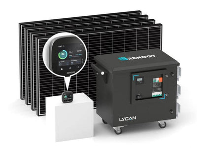 The Renogy 1.2kW Advanced Kit features a Renogy Lycan power box, showcased beside five solar panels. A round interface screen on a stand presents power statistics. The mobile power box, equipped with wheels and branded as "LYCAN," represents an intelligent solution for all your energy requirements.