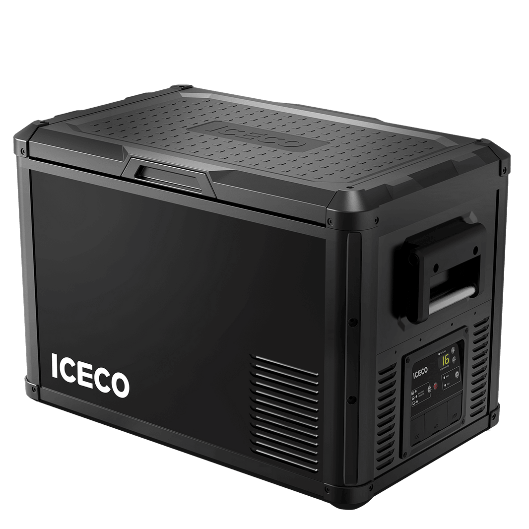 An ICECO Wholesale portable refrigerator in black boasts a rugged design with a flexible side-opening lid and a sturdy handle. The control panel displays the number "16" beside the ICECO Wholesale logo, while textured patterns embellish the top, highlighting the embossed ICECO Wholesale name for enhanced style and durability.