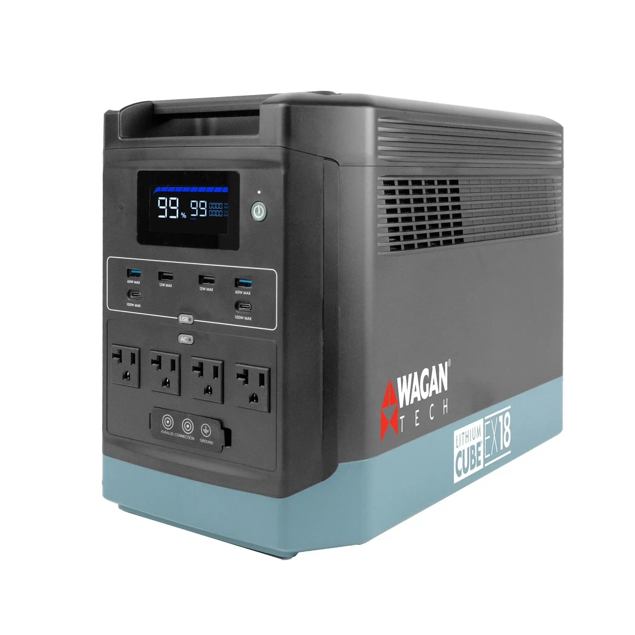 The Wagan Tech Cube EX18 is a portable power station with a LiFePo4 battery, multiple outlets, USB ports, and an LCD display for charge levels. Both the brand "Wagan Tech" and model name "Cube EX18" are visible on the unit's side.