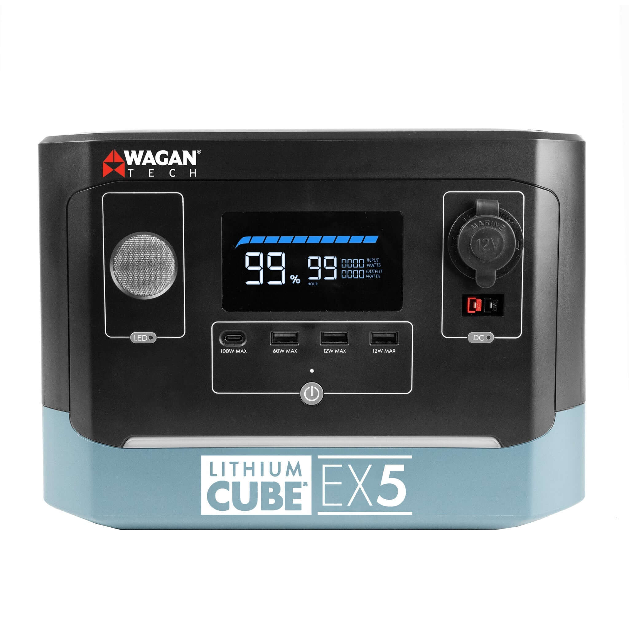 Front view of the Wagan Tech Lithium Cube EX5 power station, showcasing a digital display, various buttons and ports, along with Wagan Tech branding on a stylish black and light blue portable generator.