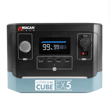 Front view of the Wagan Tech Lithium Cube EX5 power station, showcasing a digital display, various buttons and ports, along with Wagan Tech branding on a stylish black and light blue portable generator.