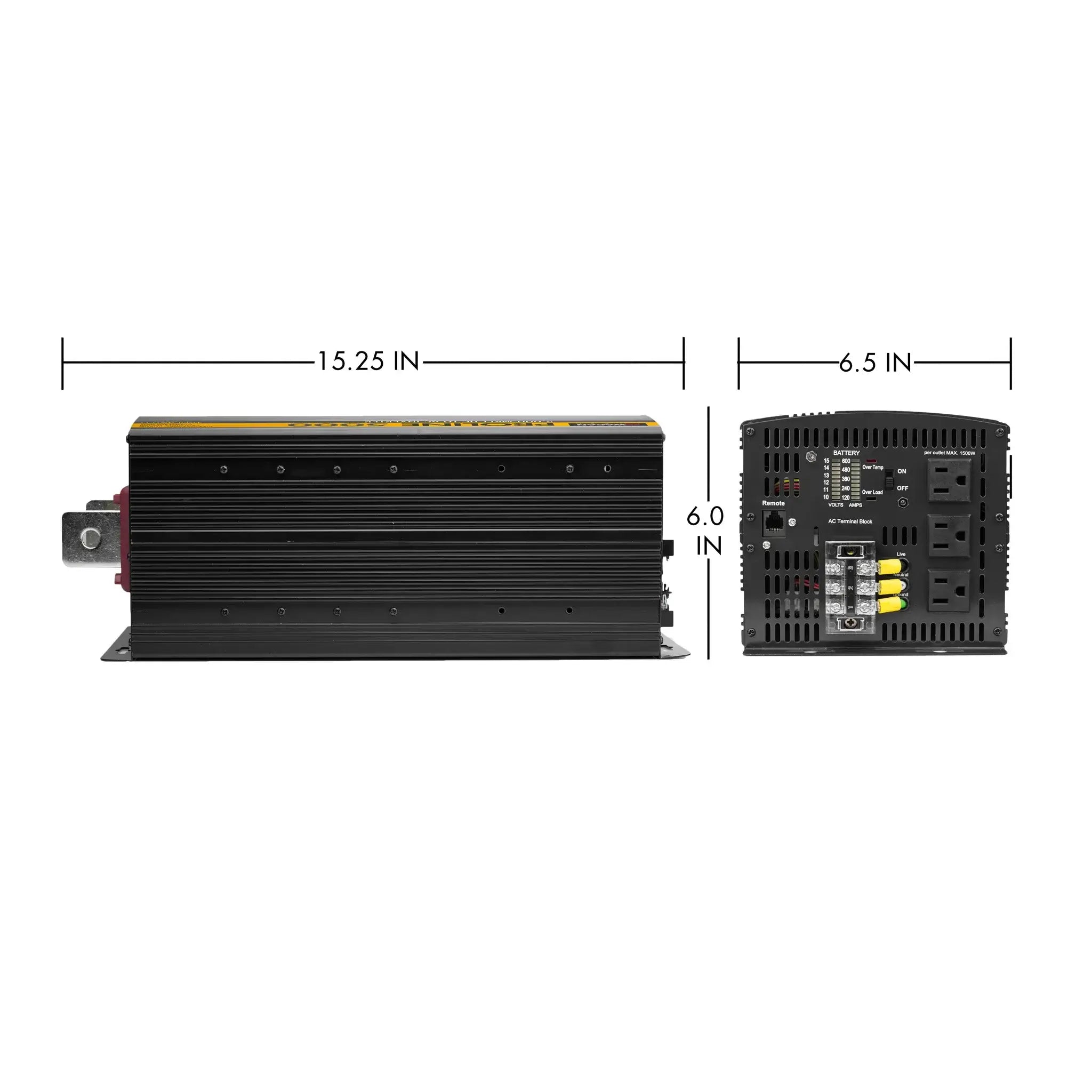 A black rectangular Wagan Tech ProLine Inverter is shown from two angles, measuring 15.25" wide, 6.5" deep, and 6" high. The side view reveals ports and switches on this powerful 5000 Watt power inverter.