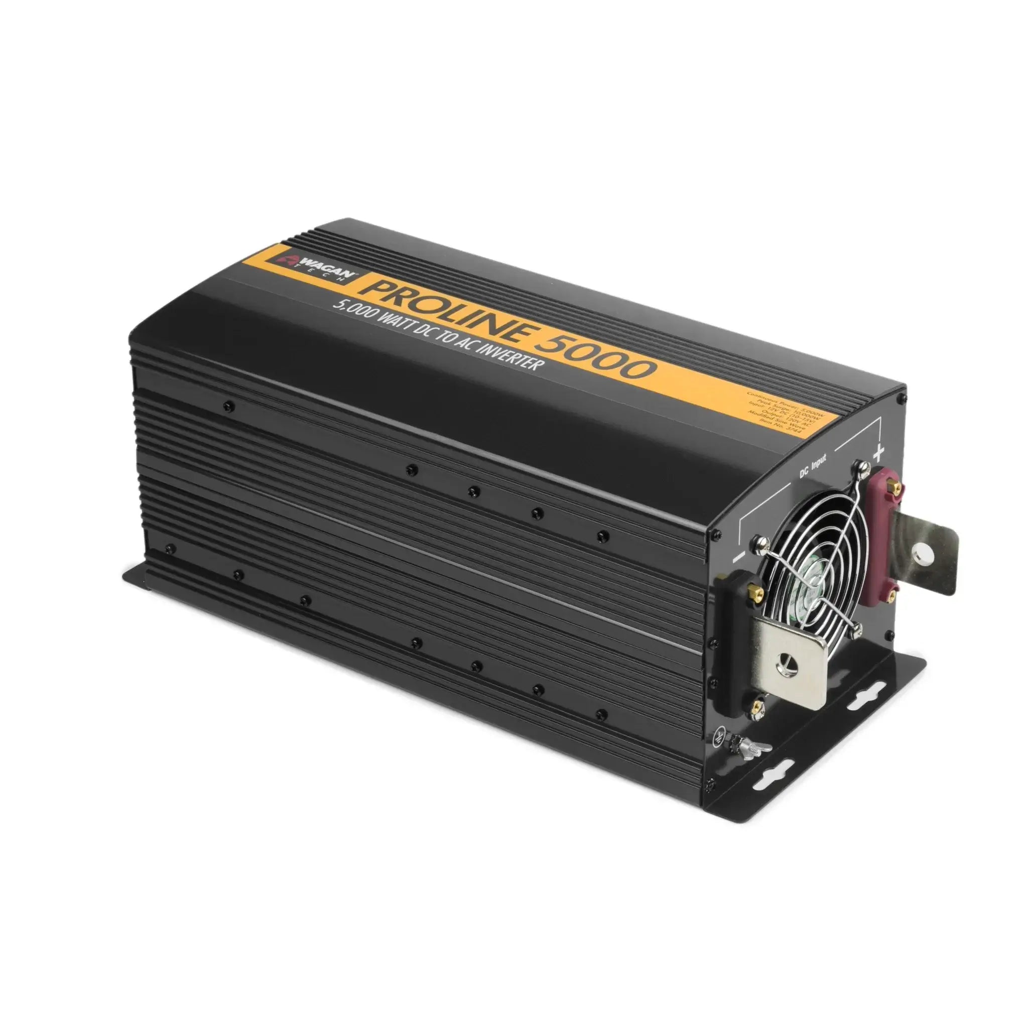 A black Wagan Tech ProLine Inverter 5000W features a finned metal casing, cooling fan, multiple connectors, and a yellow label on top—making it an efficient off-grid power solution.