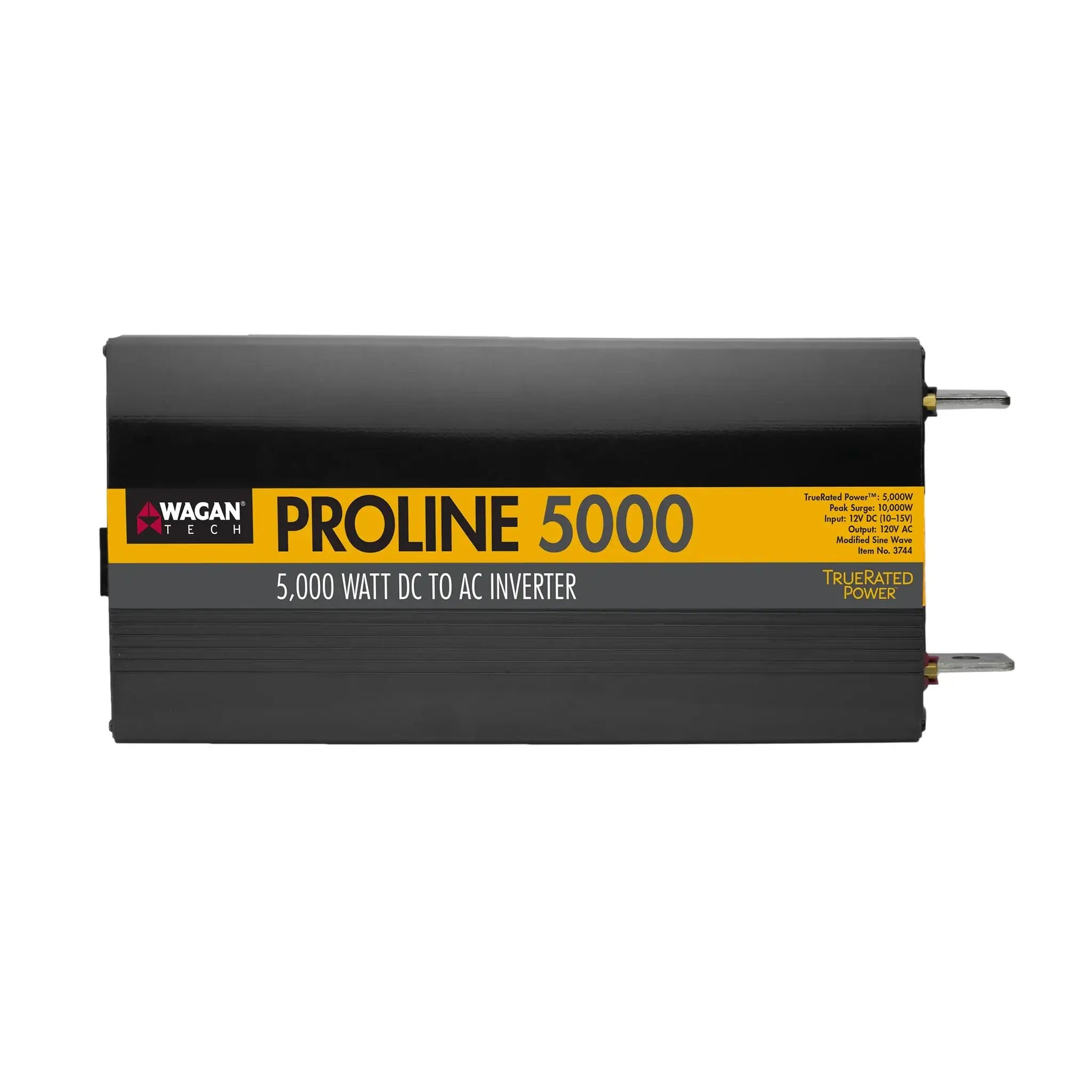 A black and yellow Wagan Tech ProLine Inverter featuring "5,000 Watt DC to AC Inverter" text on the front and detailed technical specs—an ideal Wagan Tech solution for reliable off-grid DC to AC power conversion.