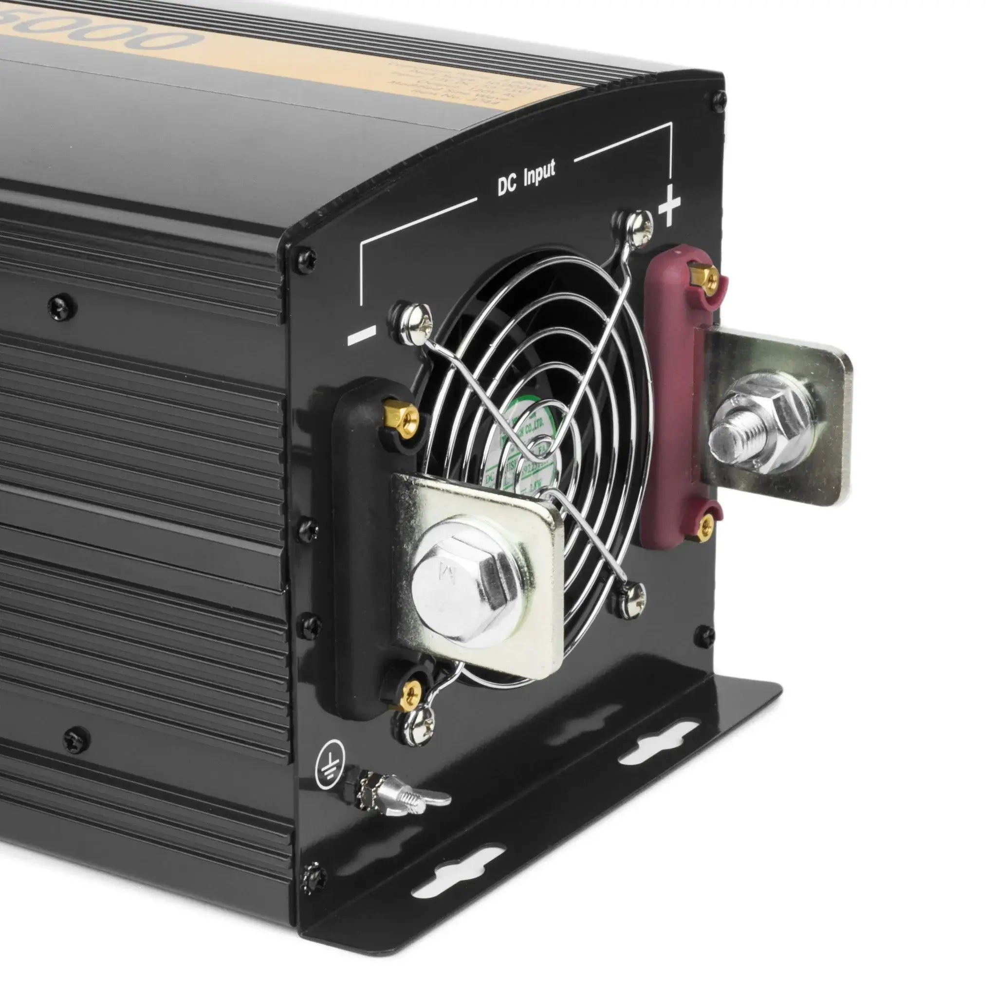 Close-up view of a Wagan Tech ProLine Inverter featuring DC input terminals, a metal-grille cooling fan, and clearly marked positive/negative connections—ideal for your off-grid power needs.