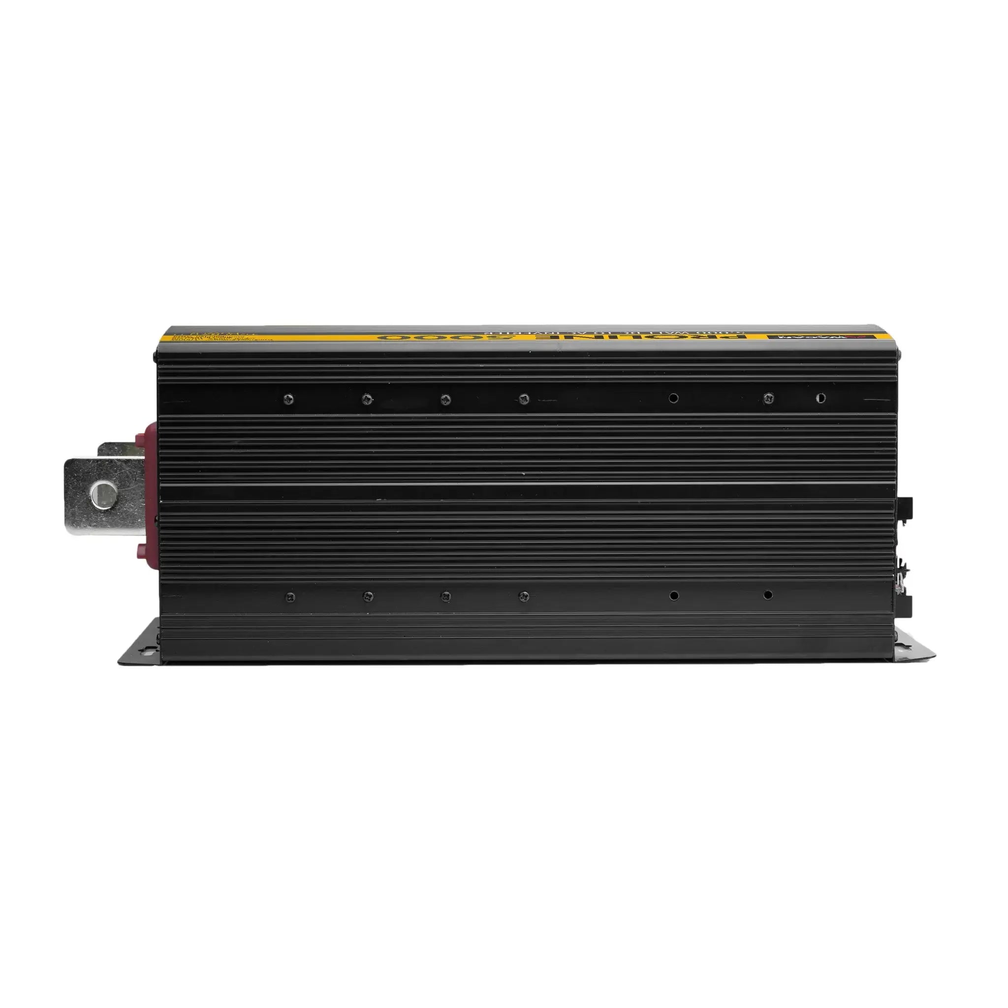 A black rectangular electronic device with a metal finned casing from Wagan Tech, mounted horizontally on a flat base and featuring a visible metallic connector—ideal as a ProLine Inverter for off-grid power solutions.