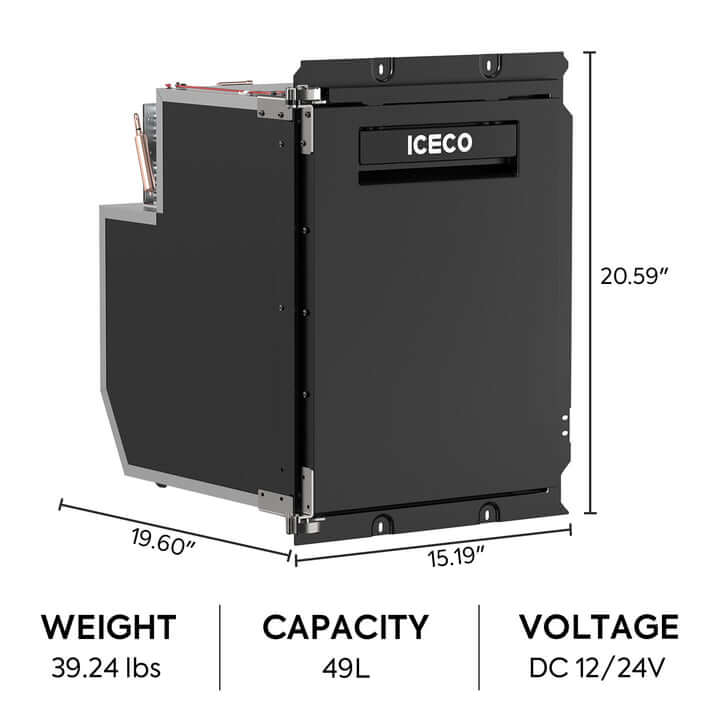 The rectangular black ICECO Wholesale refrigerator, perfect for trucks, measures 19.60" deep, 15.19" wide, and 20.59" high. It weighs 39.24 lbs with a 49L capacity and features a SECOP compressor, efficiently running on 12/24V DC voltage.