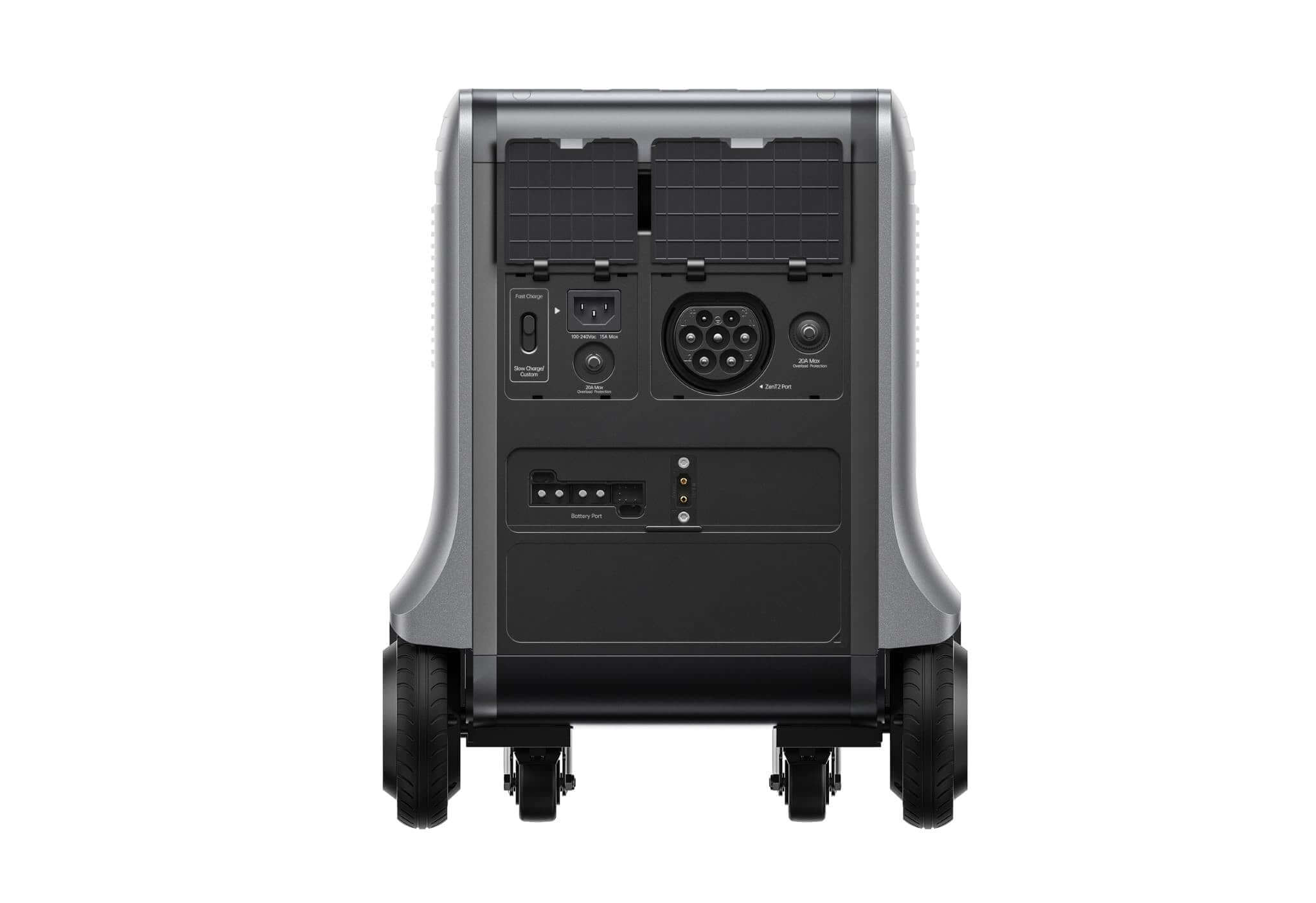 The Zendure SuperBase V power station, shown from the back, has wheels for portability. Its various ports, switches, and outlets suit emergency needs. Two solar panels sit on top for versatile charging. Brand: Zendure.