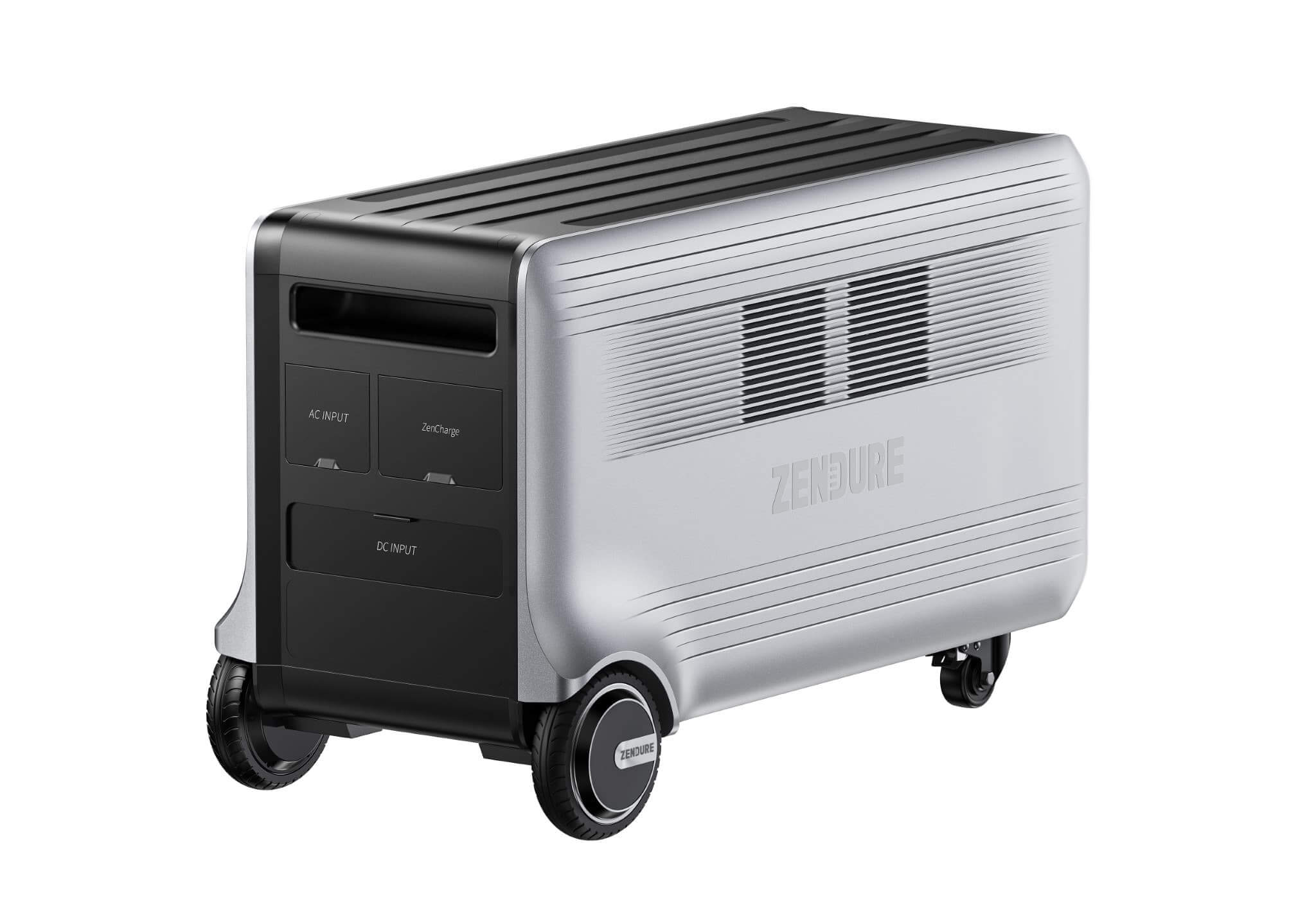 The Zendure SuperBase V is a silver and black portable power station with wheels and ventilation slats, ideal for emergencies. It features "AC Input," "AC Output," and "DC Input" ports, plus Zendure branding on the side.