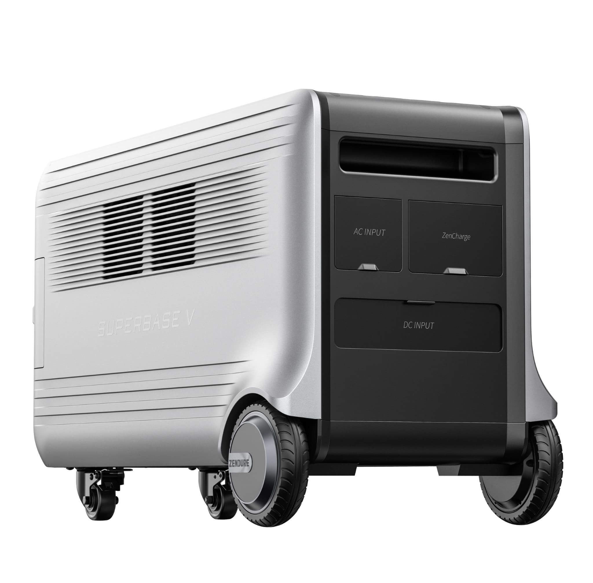 The Zendure SuperBase V is a portable, silver and black power station with wheels and handle. It has side vents and labeled front input ports for AC, DC, and ZeroCharge—perfect for emergency preparedness.