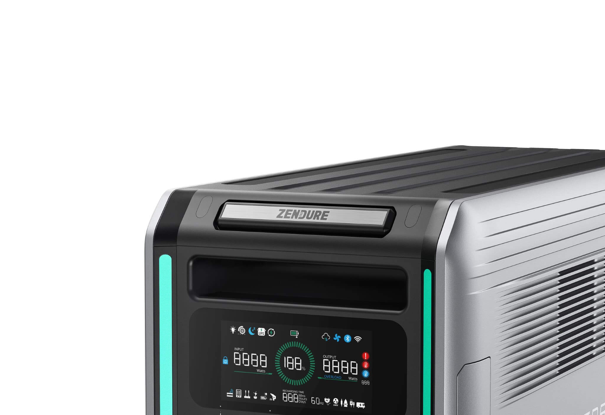 A close-up of a silver Zendure power station highlights its digital display, indicator lights, and control buttons—perfect for emergency preparedness—set against a plain white background.