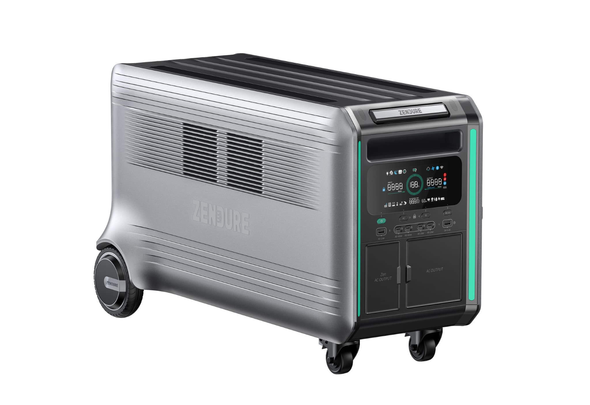 The Zendure SuperBase V is a portable silver power station with wheels, a black top, digital display, various ports, control buttons, and "Zendure" branding—perfect for emergency preparedness.