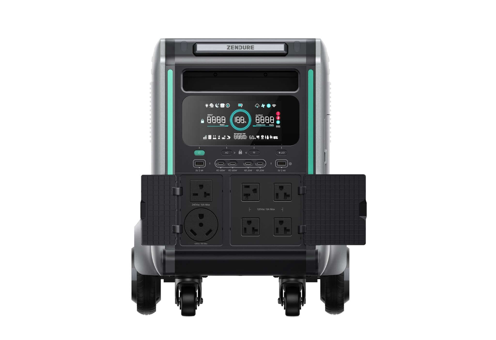 A front view of a Zendure SuperBase V power station showing its display, control buttons, multiple outlets, and wheels for easy mobility—ideal for emergencies, presented on a white background.
