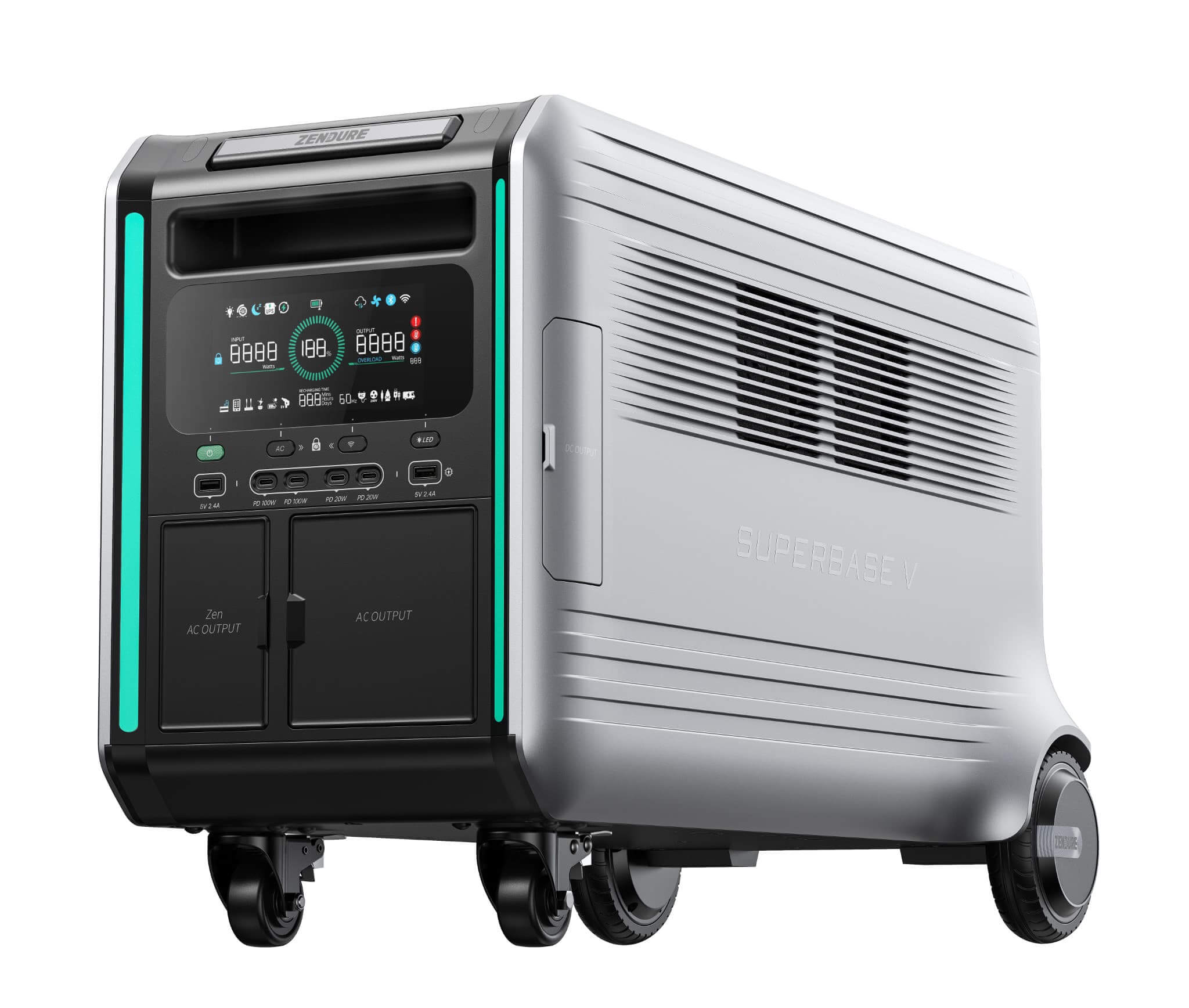 The Zendure SuperBase V is a large, silver portable power station by Zendure with a control panel, display, buttons, front outlets, side vents, and four wheels—ideal for mobility and emergency situations.