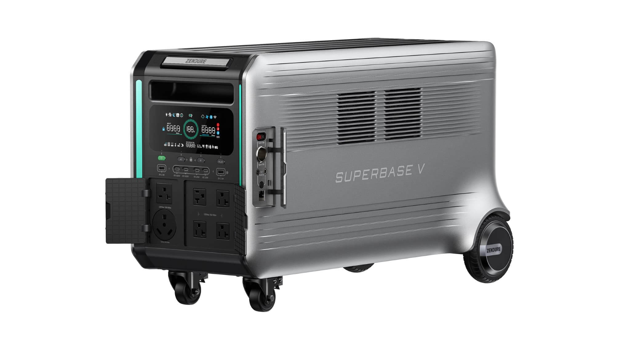 The Zendure SuperBase V is a metallic portable power station with wheels, a retractable handle, side vents, digital display, and multiple outlets—perfect for emergency preparedness and reliable energy on the go.
