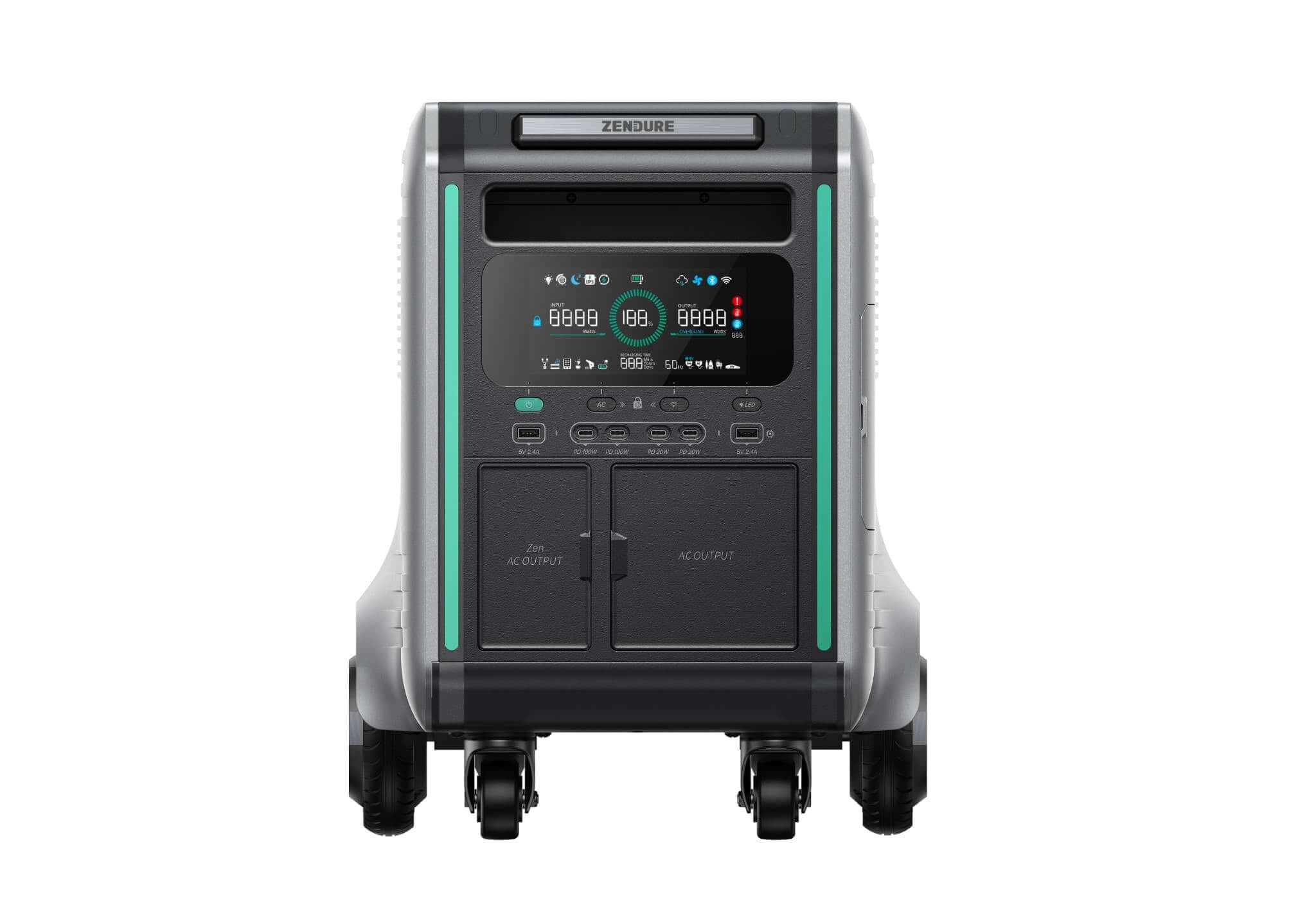 The Zendure SuperBase V portable power station features wheels, a digital power level display, multiple ports for input and output, and is perfect for emergency preparedness. The bold Zendure brand name appears across the top.