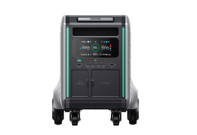 The Zendure SuperBase V portable power station features wheels, a digital power level display, multiple ports for input and output, and is perfect for emergency preparedness. The bold Zendure brand name appears across the top.