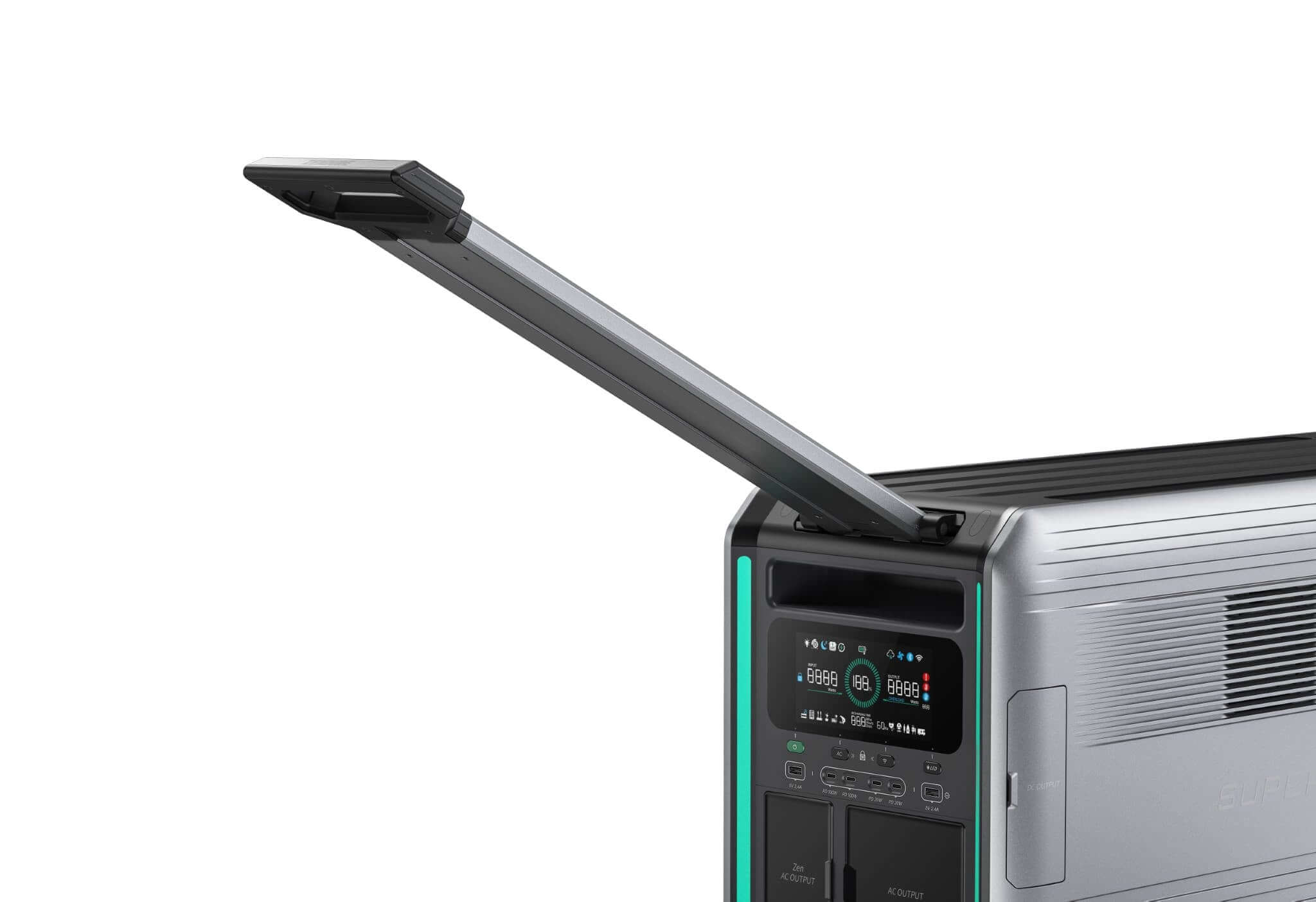 A close-up of the Zendure silver power station shows its display screen, buttons, two compartments, and an upright handle—perfect for emergency preparedness.