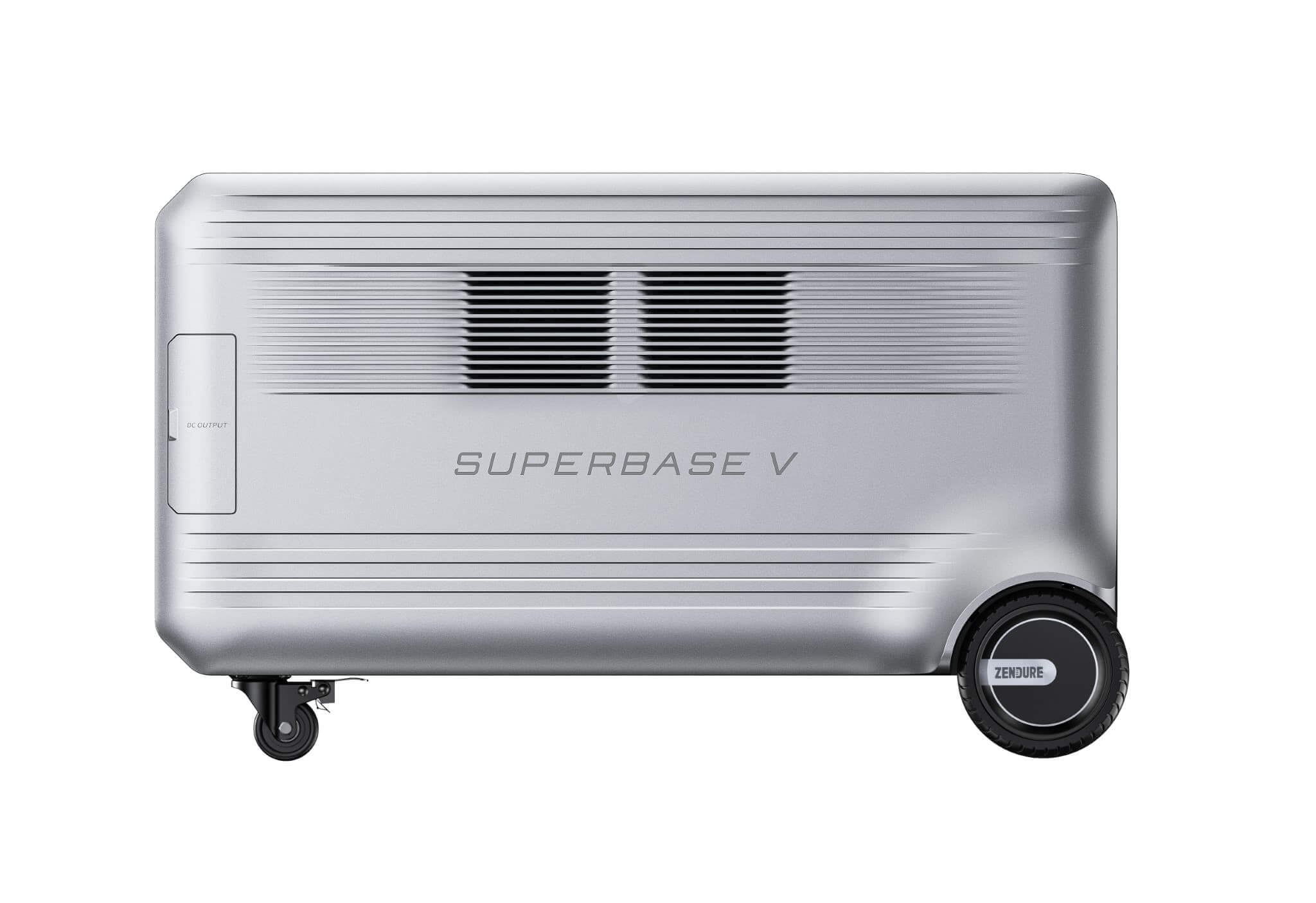 A metallic, rectangular Zendure SuperBase V portable power station features two wheels, ventilation slats, and a pull handle—perfect for emergency preparedness. The Zendure brand name is displayed on the large rear wheel.