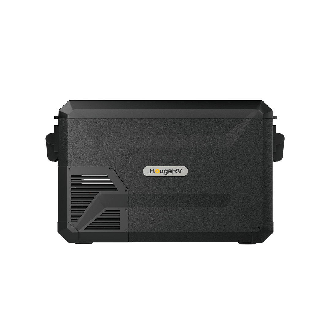 BougeRV's black portable refrigerator is designed with side handles and prominently displays the BougeRV logo at its center. It includes a front left vented section and utilizes a dual-zone system for enhanced cooling efficiency.