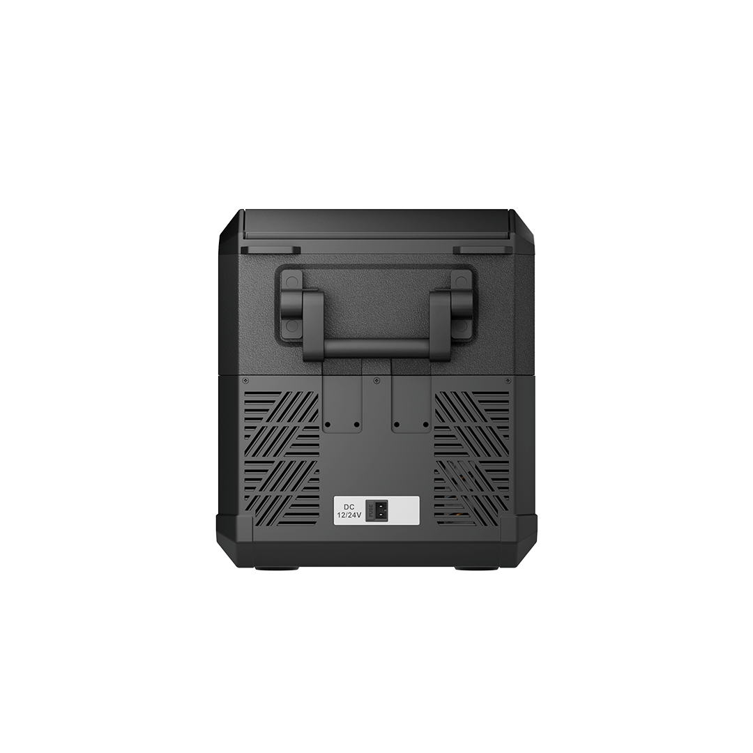 Rear view of a black electronic device from BougeRV featuring a handle and ventilation slots. A visible label reads "DC 12V" above a port, indicating it's designed for power connection. The design is functional and industrial, perfect for powering a portable refrigerator equipped with the IceDrive™ system.