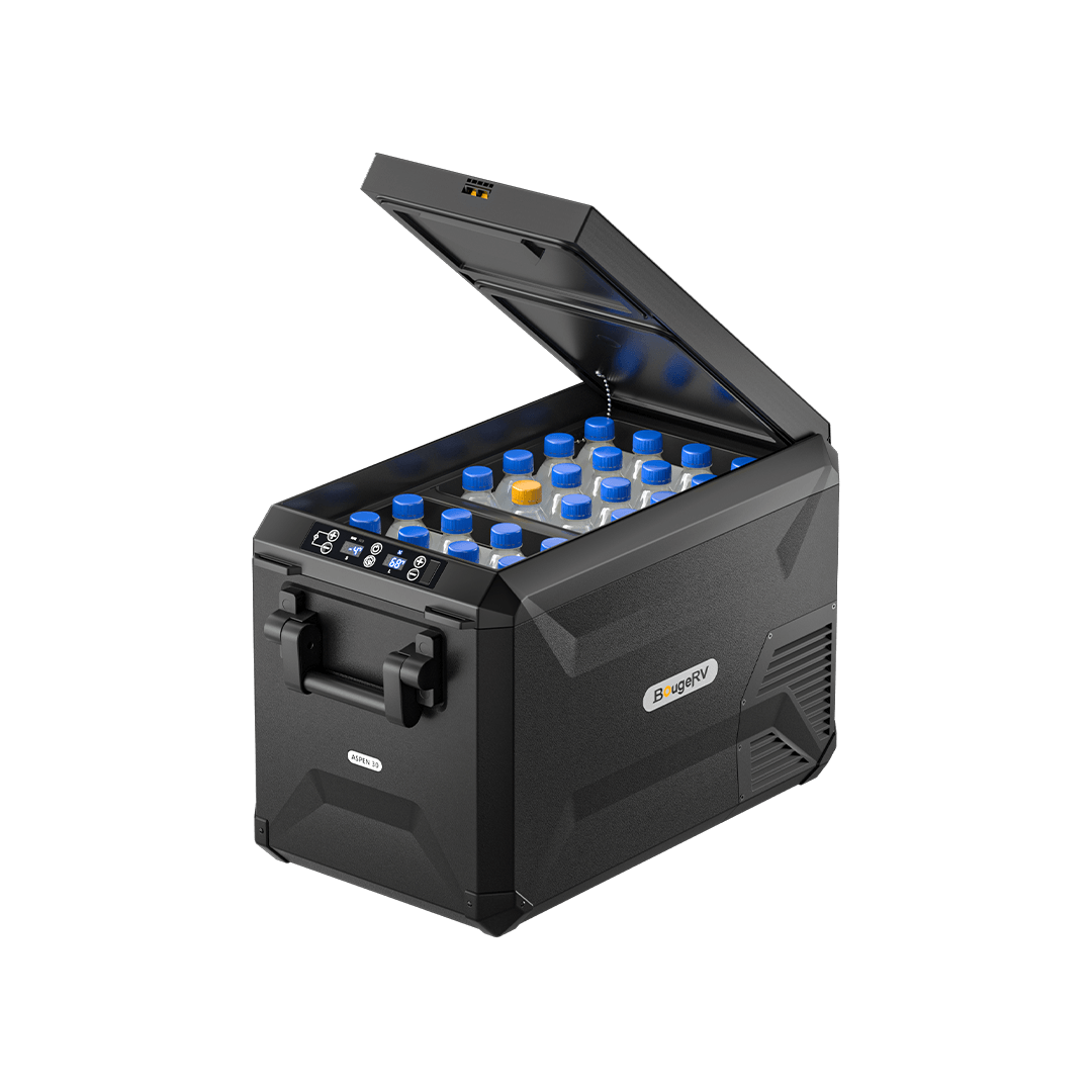 A sleek, black portable refrigerator from BougeRV, with its lid open, reveals multiple vials inside, each capped in blue or orange. Carefully crafted for efficiency, it ensures your essentials stay chilled and secure while on the go.