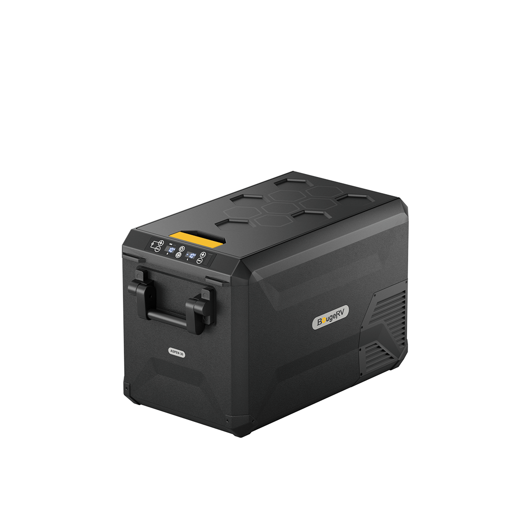 This portable black electronic cooler, featuring the innovative IceDrive™ system, boasts a hexagonal pattern on top. It has a handle on the side and a digital control panel on the front. The brand name "BougeRV" is displayed prominently on its side.