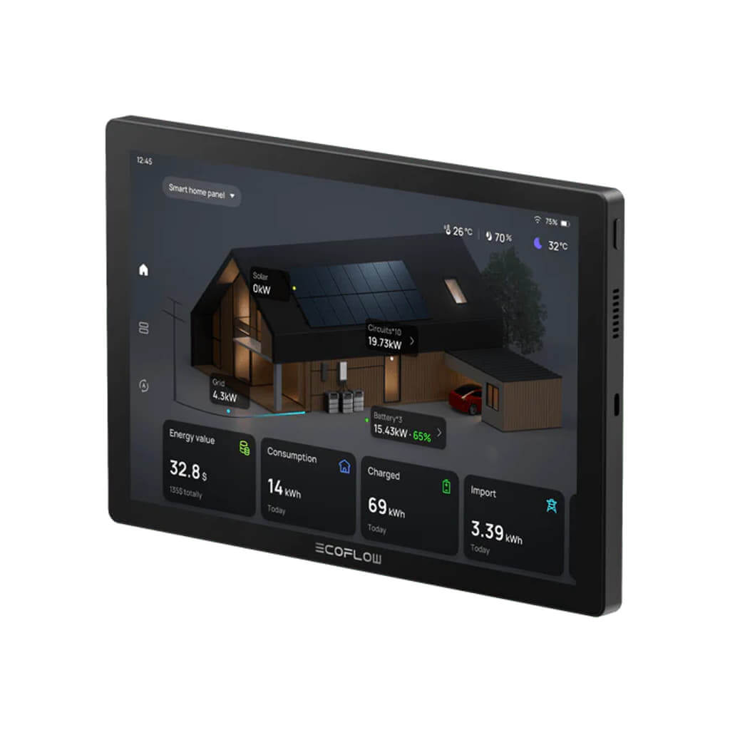 EcoFlow PowerInsight Home Energy Manager touchscreen displaying real-time home energy data.
