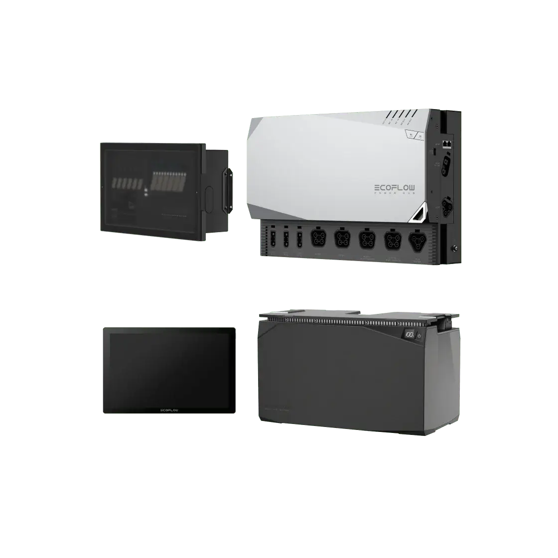 The image features four crucial EcoFlow Power Kits components: a touchscreen display, battery management unit, intelligent home panel, and battery pack. This plug-and-play solution is perfect for seamless integration with RV A/C units on your adventures.