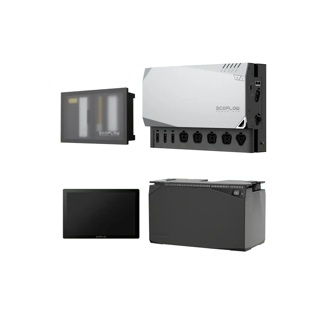 Four electronic devices are set against a plain background: a rectangular display, gray control panel with buttons, an EcoFlow Power Kit battery storage unit, and a sleek black touchscreen device. All bear visible labels and the EcoFlow brand name.
