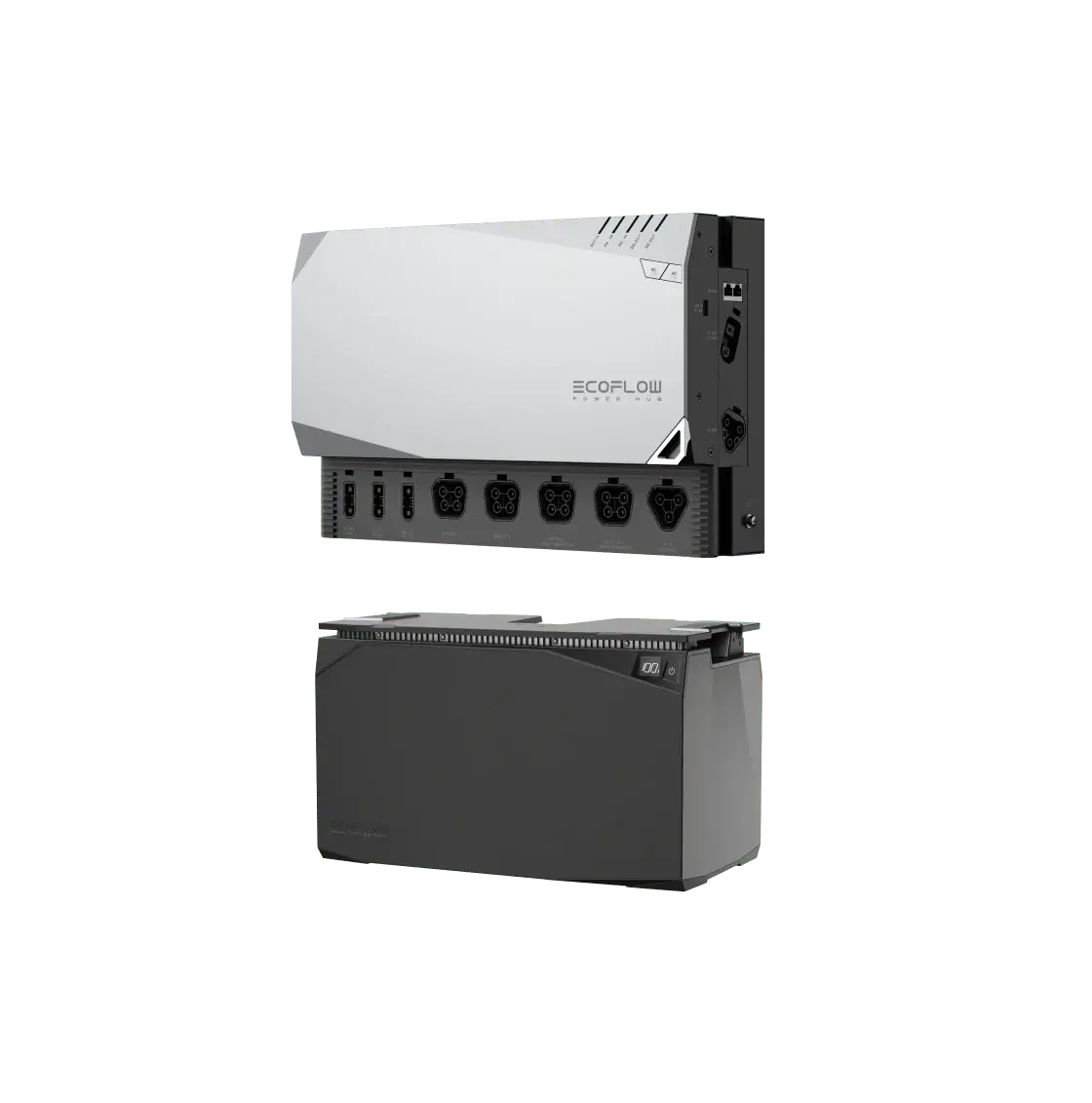 The EcoFlow Power Hub, in white, is wall-mounted above a dark gray battery unit, both part of the EcoFlow Power Kits. The hub has black connectivity ports and acts as a plug-and-play solution. Both devices feature branding labels; the sleek battery unit also has a slight overhang.