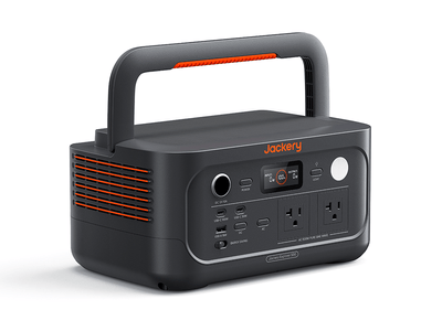 The Jackery E500v2 portable power station features a handle, AC, USB, and DC outlets, plus an LED front display for reliable backup power. Shown on a white background.
