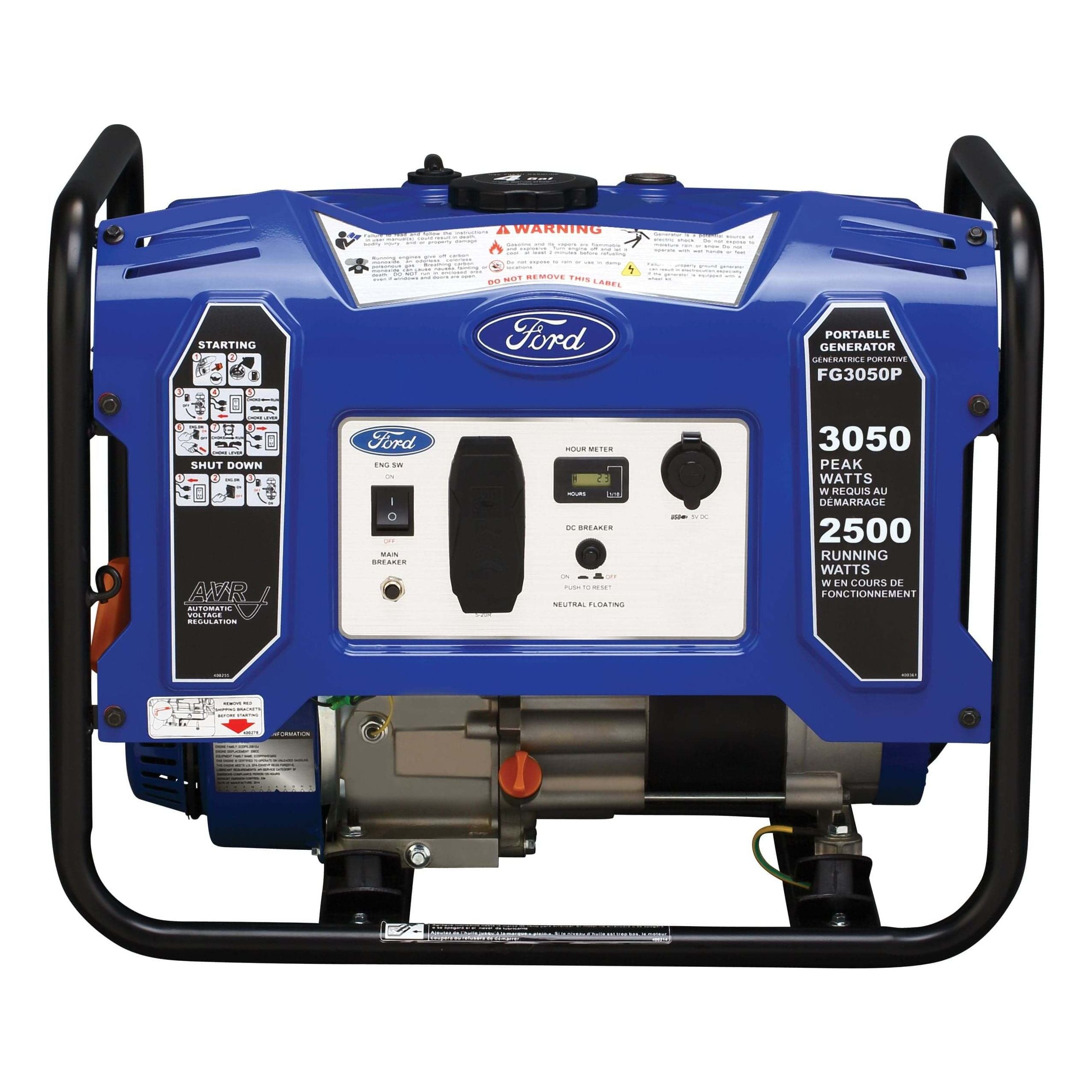 Ford Gas Generator Ford FG3050P 3050 Peak Watts/ 2500 Running Watts, 4-Stroke, 180cc OHV Portable Gas Powered Generator