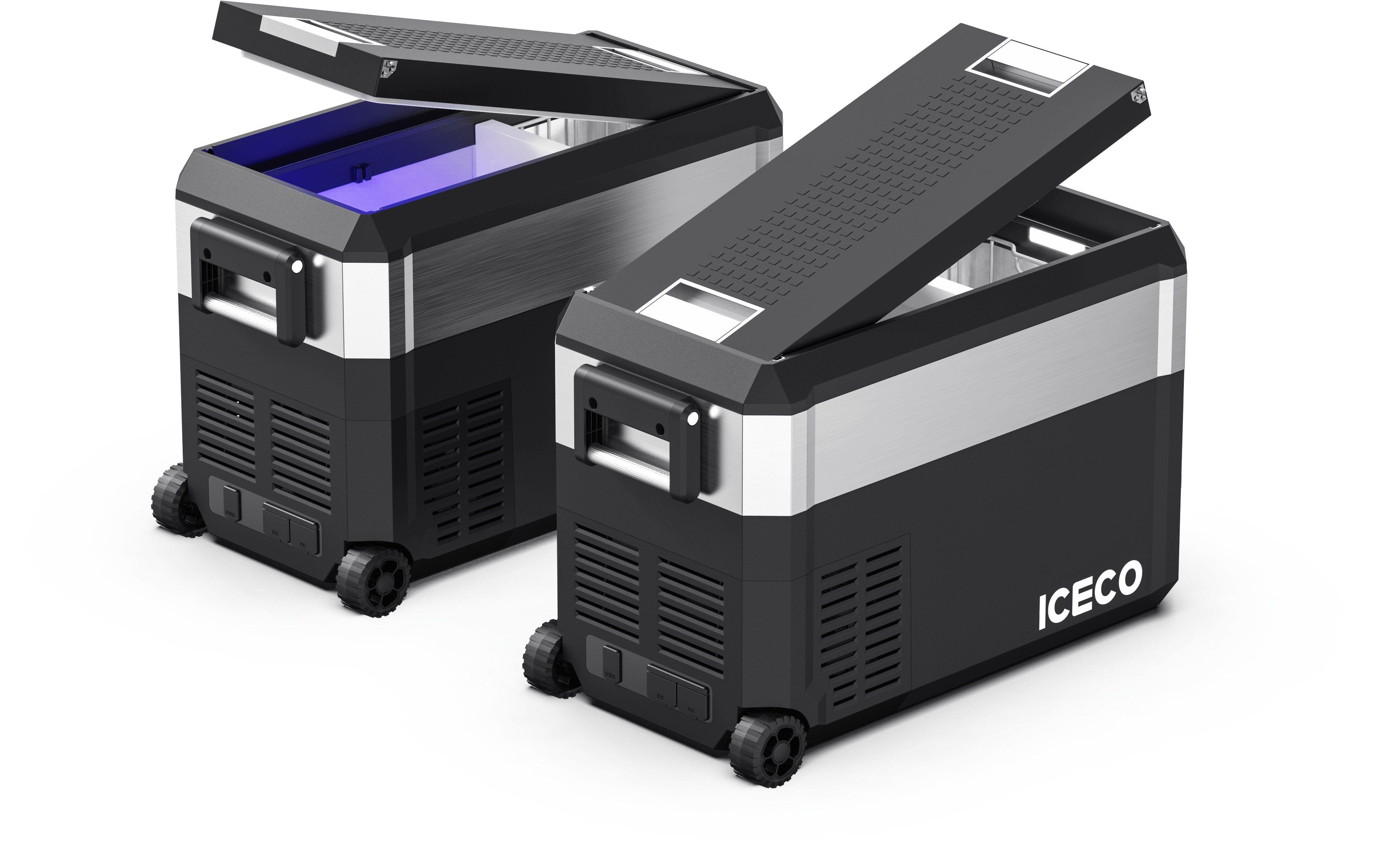 Two portable fridge freezers with open lids are shown, featuring a black and silver design. Each has handles, vents, wheels, and a display panel. The left fridge glows blue inside. Powered by a SECOP compressor for dual zones, the ICECO Wholesale model highlights "JP40 Prod" branding on the right unit.