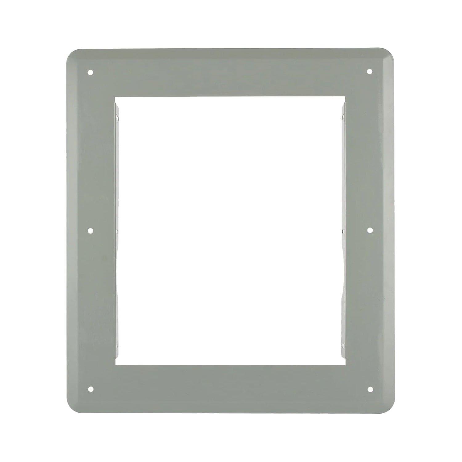 A gray rectangular metal wall plate by Nature's Generator features a large central cutout and eight mounting holes, perfect for flush mount installation around wall openings or electrical boxes in Power Transfer Switch setups.