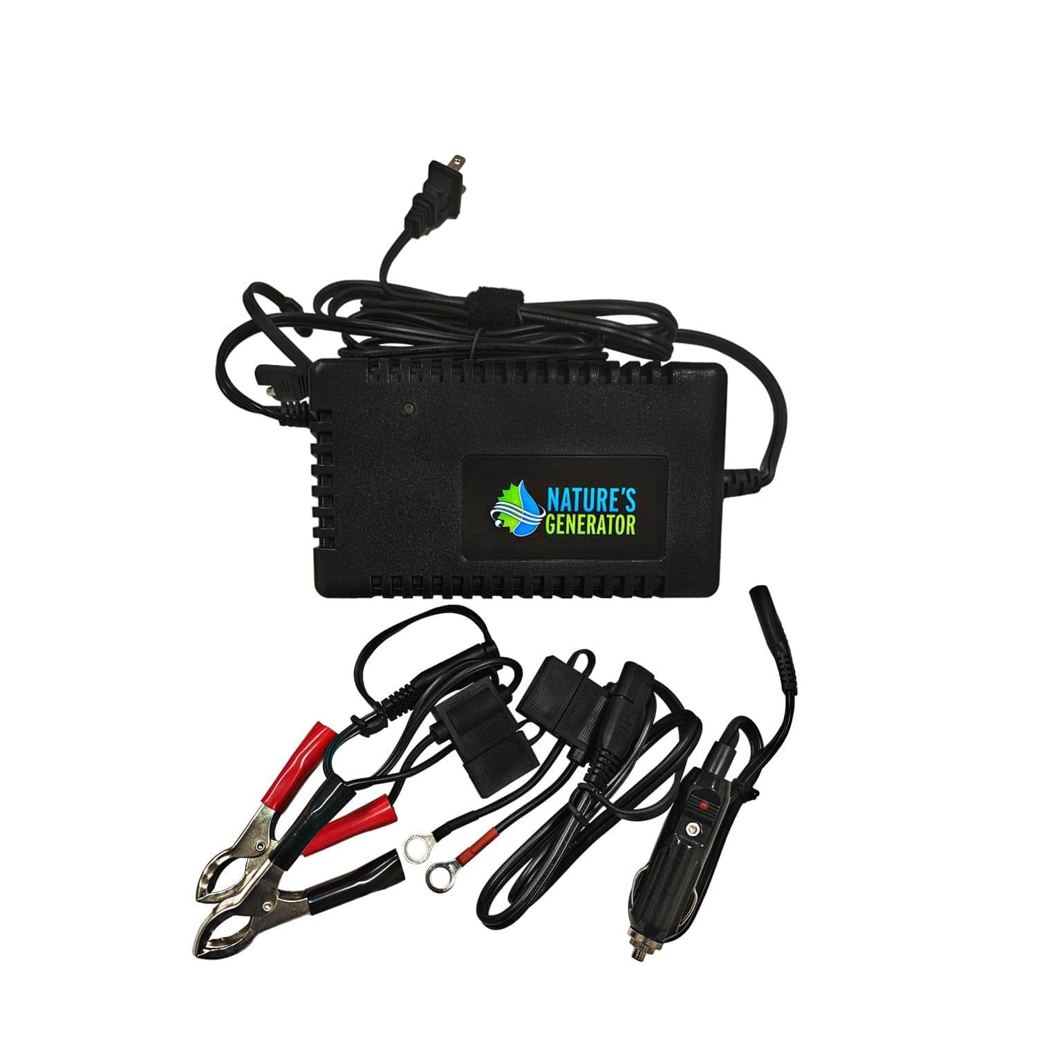 A Nature's Generator black battery maintainer and charger with attached power cables, alligator clips, a 12V car adapter plug, and various connectors are displayed on a white background.
