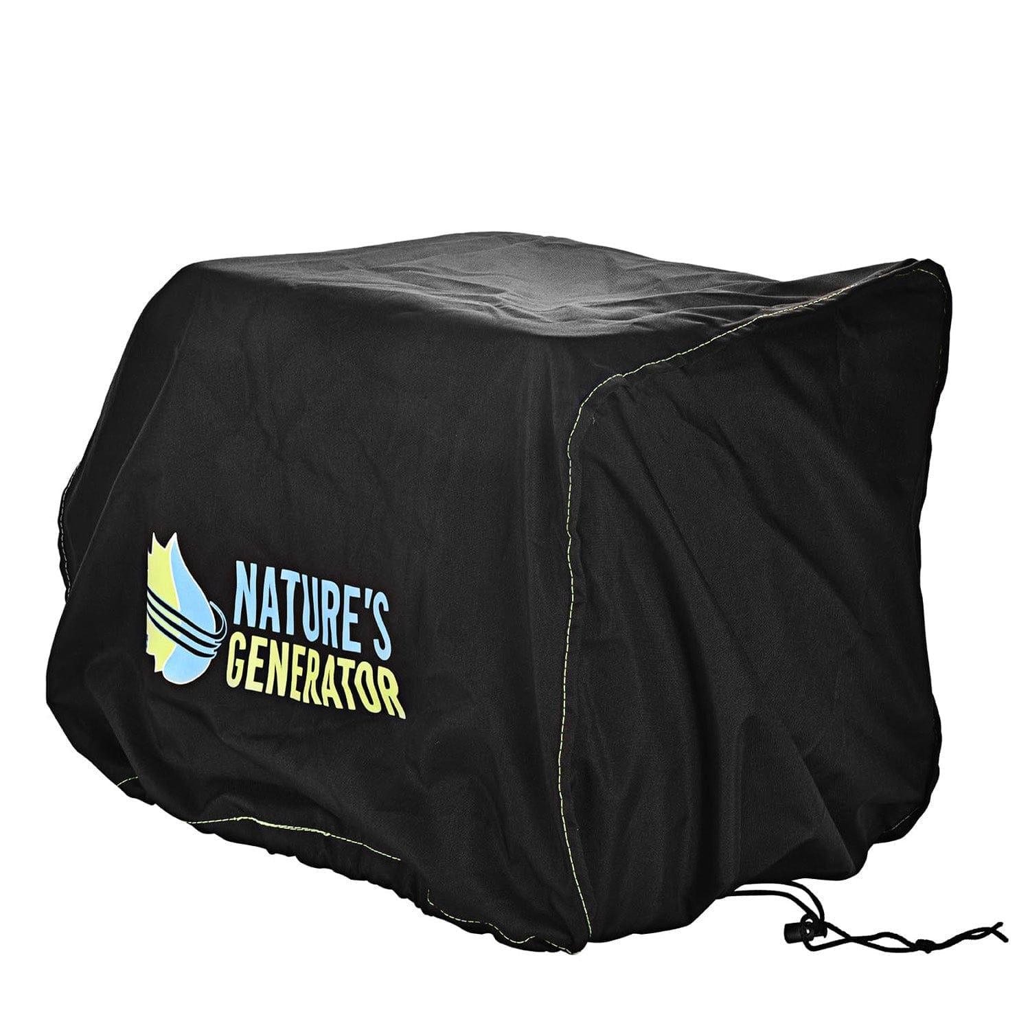 A black 600D polyester generator cover by Nature's Generator, featuring the brand name printed on the side, visible seams, and a drawstring at the bottom right corner. It is shown fitted over a rectangular object.