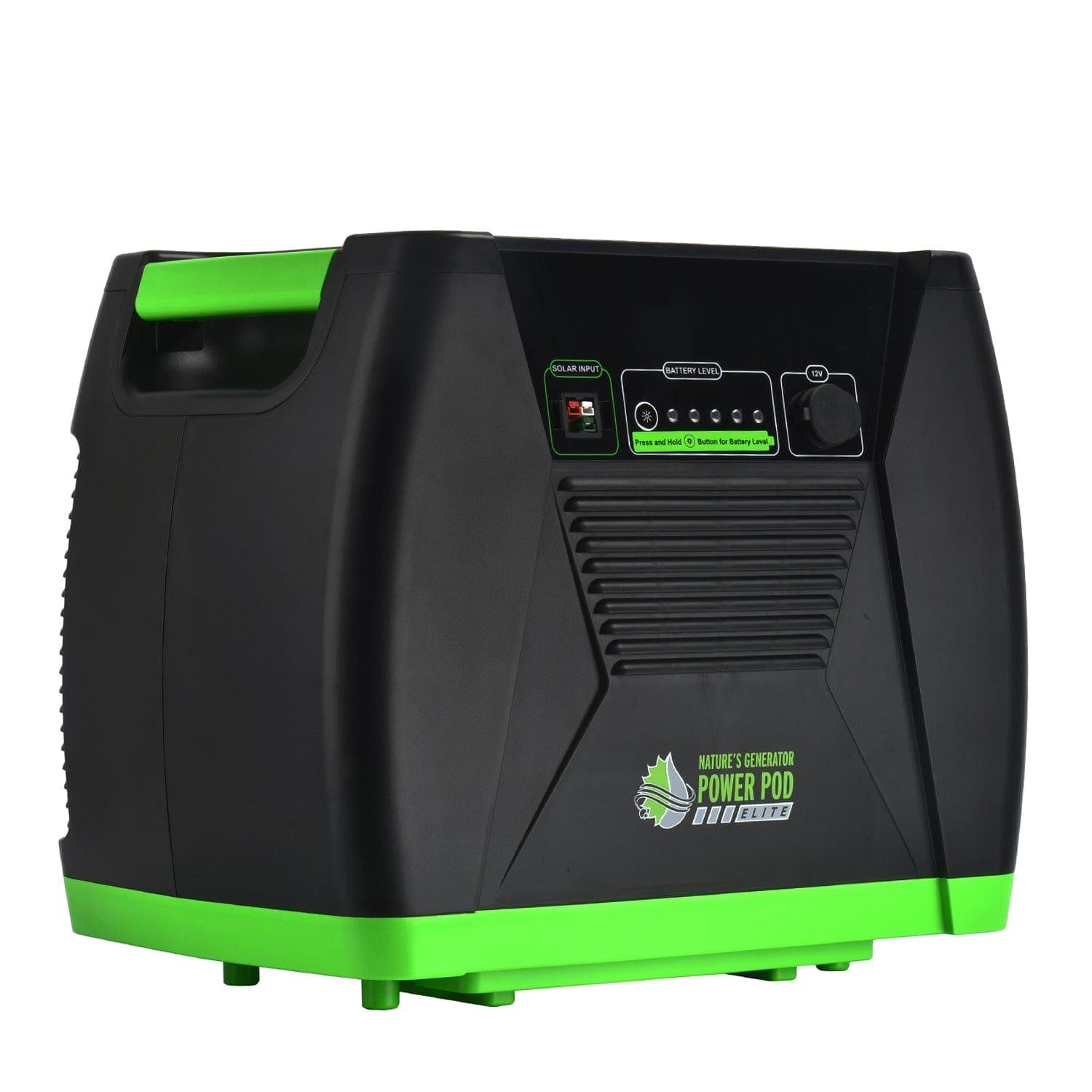 The Nature’s Generator Power Pod is a black and green portable power generator with a carry handle, control panel, power switch, solar input option, and its brand label—offering reliable battery capacity on the go.
